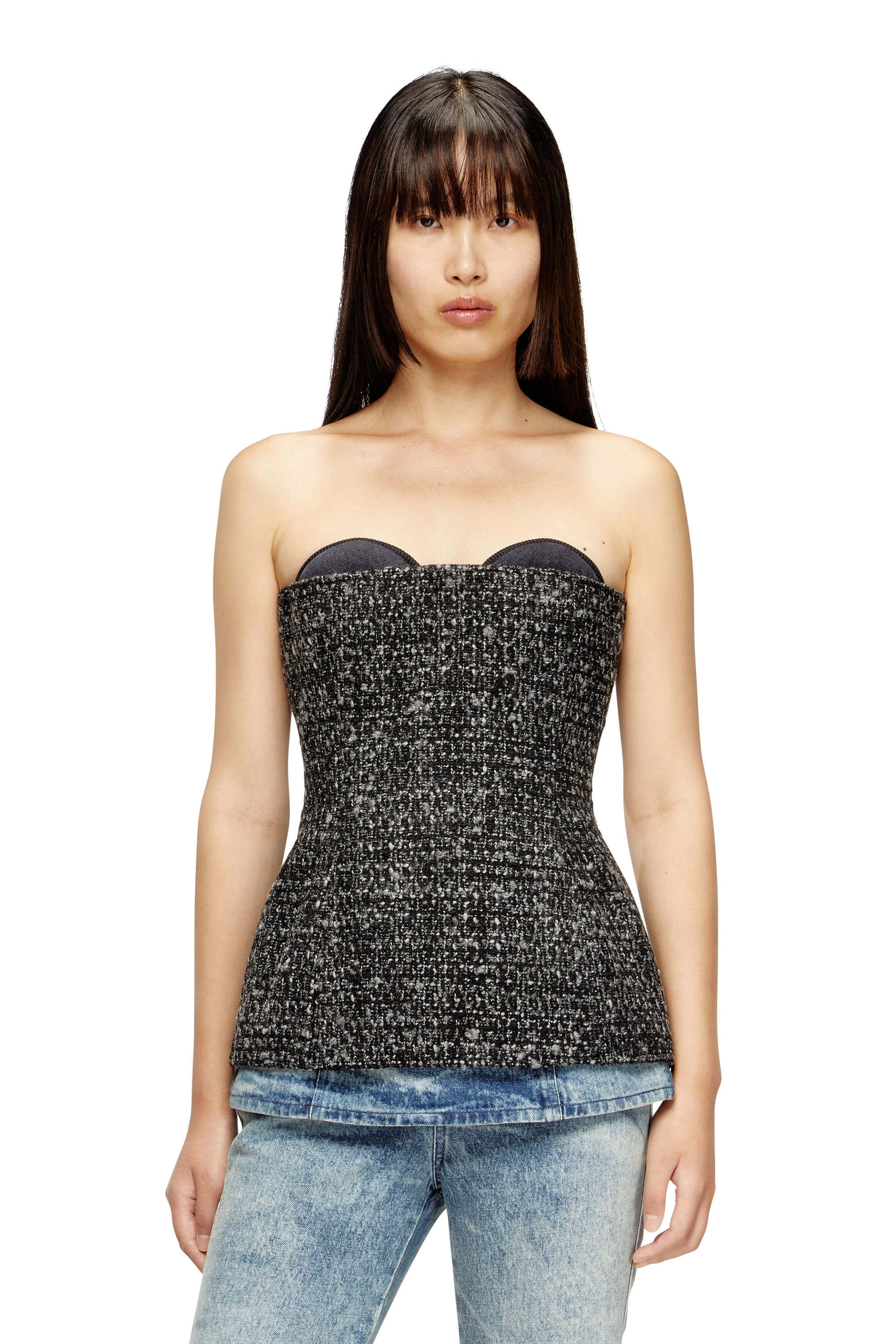 Diesel Fitted Strapless Top With Textured Boucle In Black