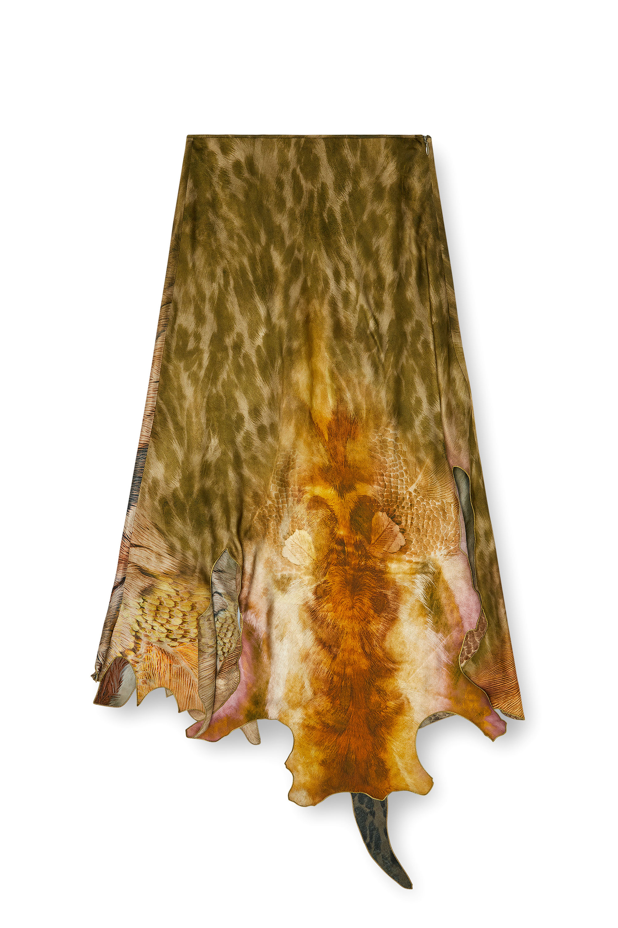 Diesel - O-TORN, Woman's Long asymmetrical skirt in printed satin in Brown/Green - 2