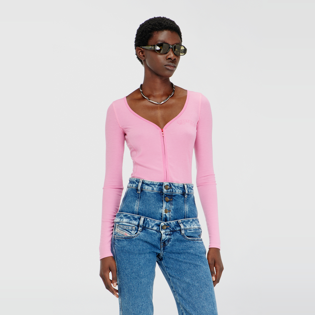 Diesel - Slim V-neck lyocell top with zip - Tops - Woman - Pink