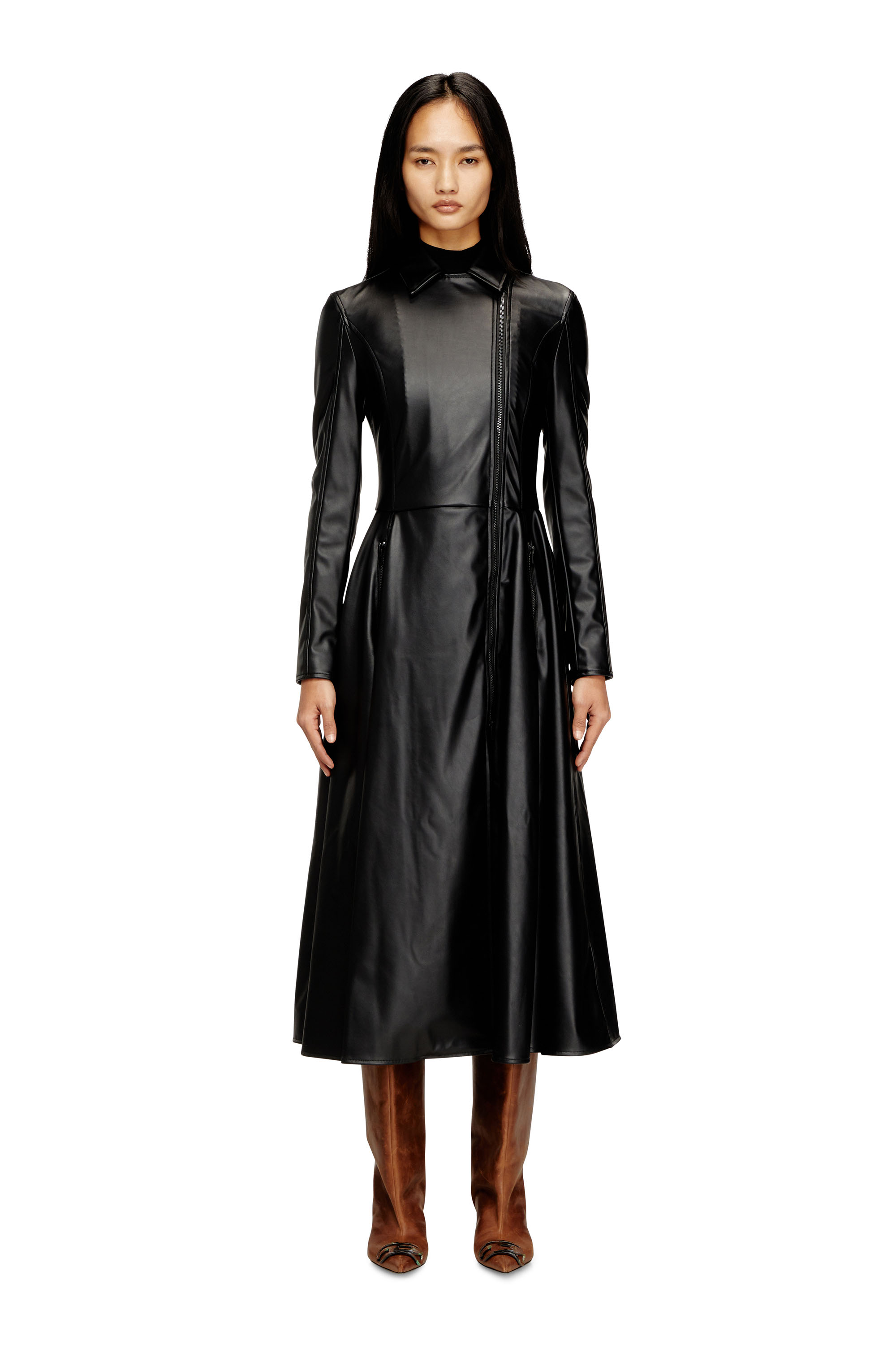 Diesel - D-RAGON, Woman's Midi coat dress with biker details in Black - 2