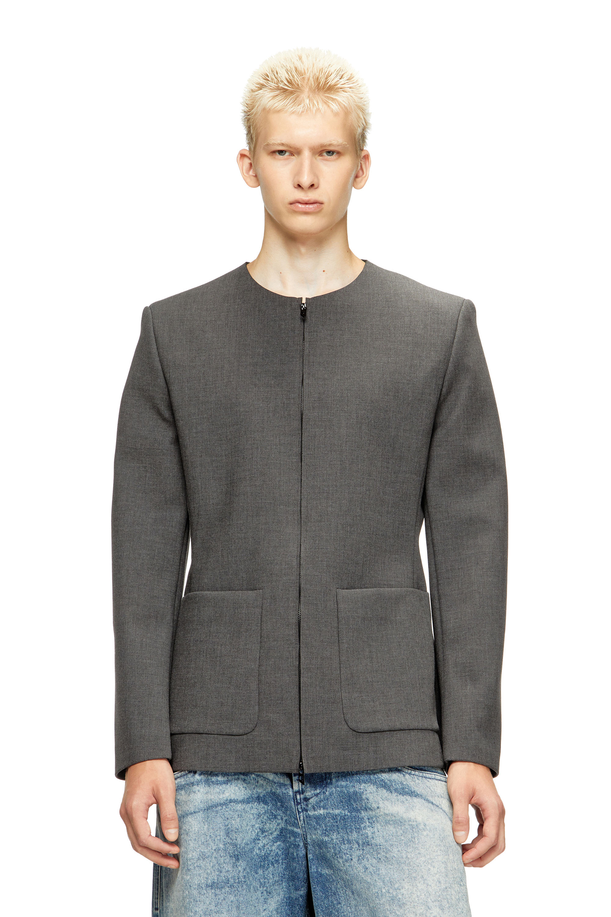 Diesel - J-CESAR-NEO, Man's Collarless jacket in neoprene-bonded fabric in Grey - 1