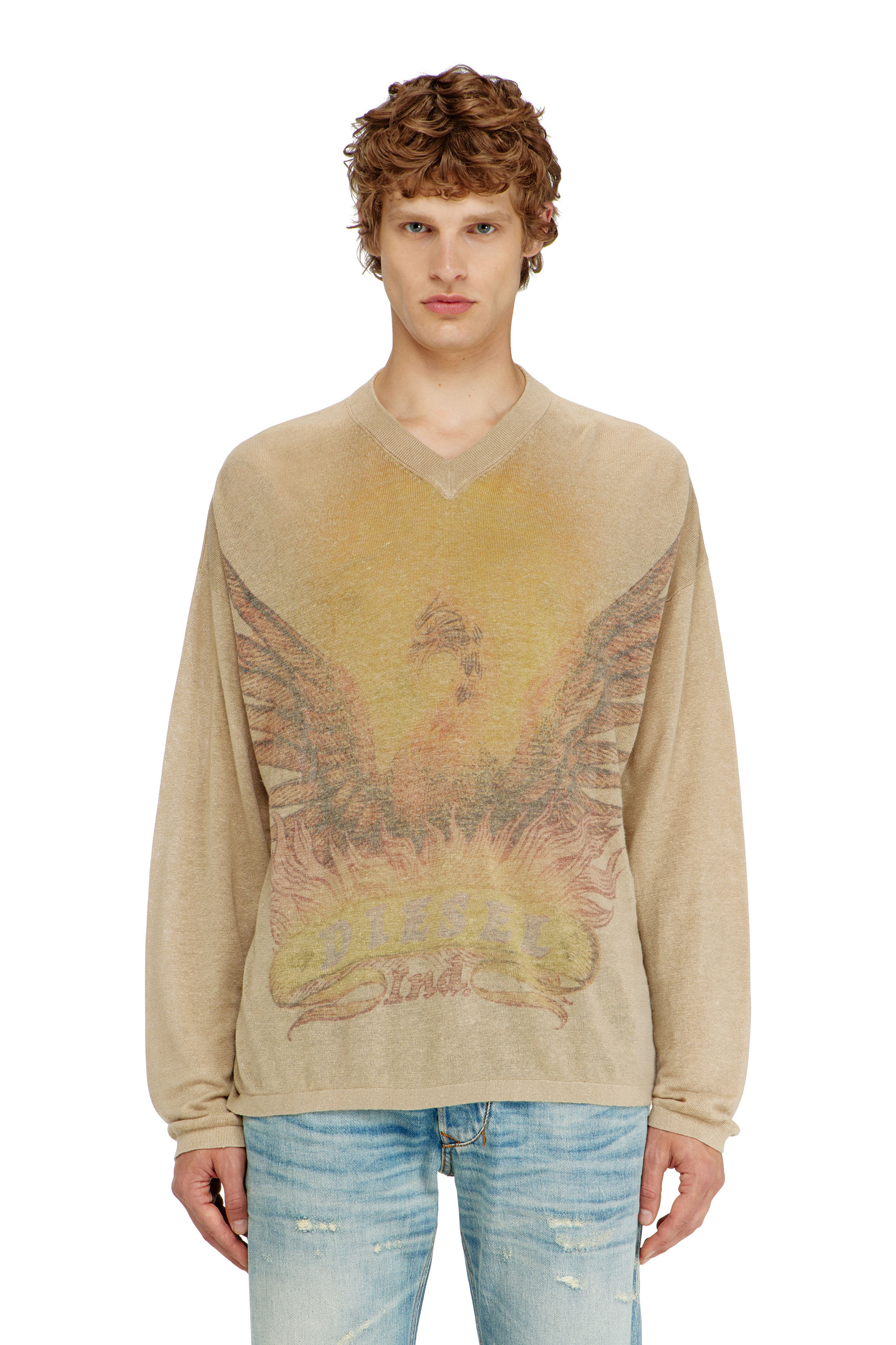 Diesel - Linen jumper with faded Phoenix print - Knitwear - Man - Beige