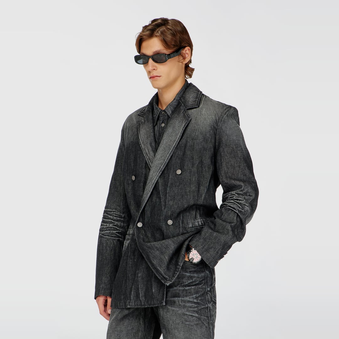 Diesel - Double-breasted blazer in creased denim - Denim Jackets - Man - Black