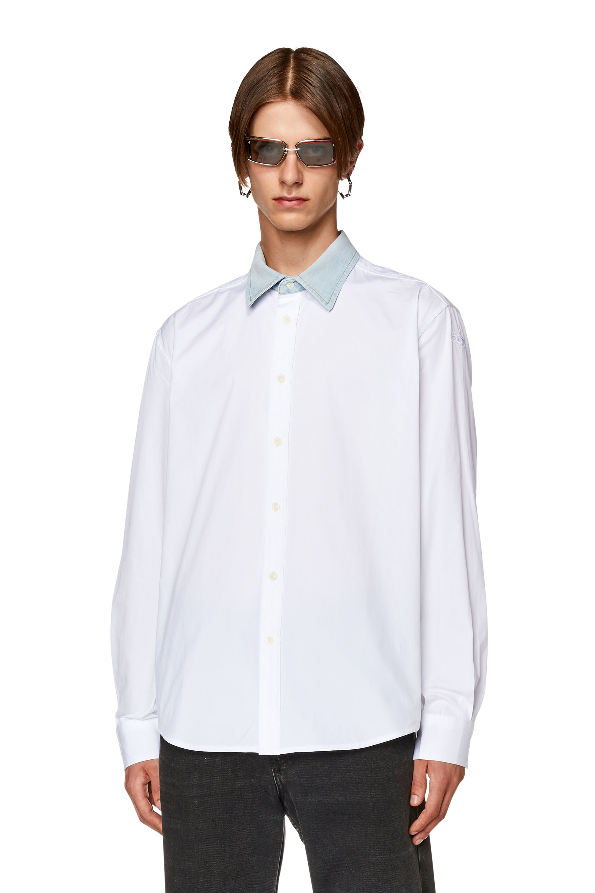 Diesel - Camisa de algodón con cuello de denim - Camisas - Hombre - Blanco