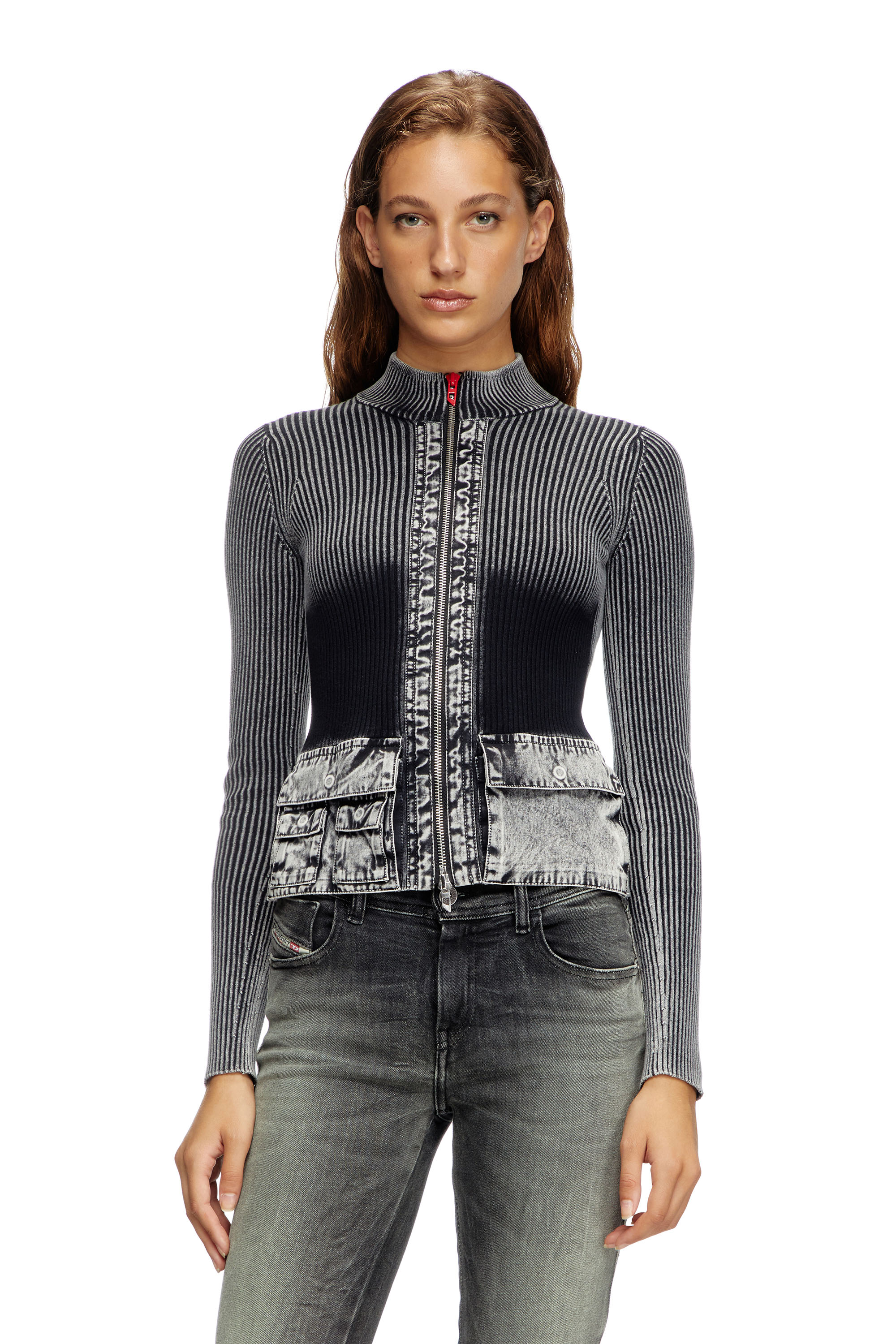 Diesel - Zip-up cardigan with denim cargo pockets - Knitwear - Woman - Grey