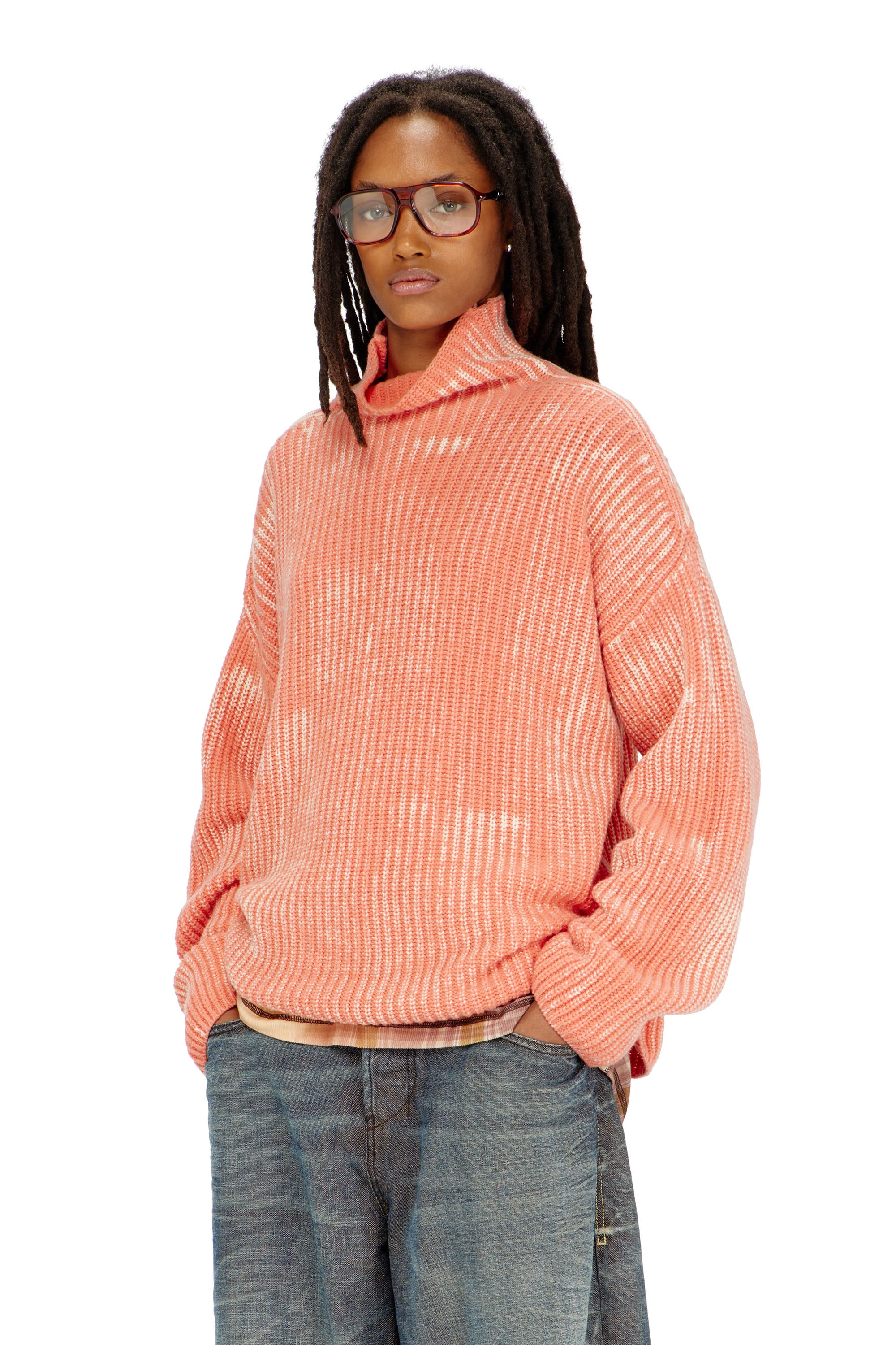 Diesel - Funnel-neck jumper in ribbed wool blend - Knitwear - Woman - Pink