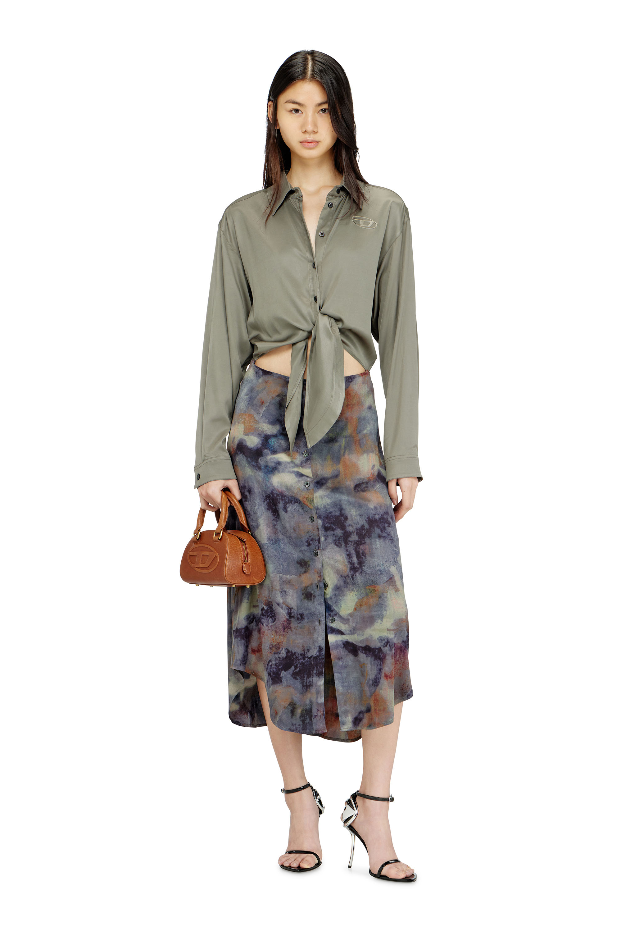 Diesel - D-ELTA, Woman's Satin midi dress with knotted top in Blue/Green - 1