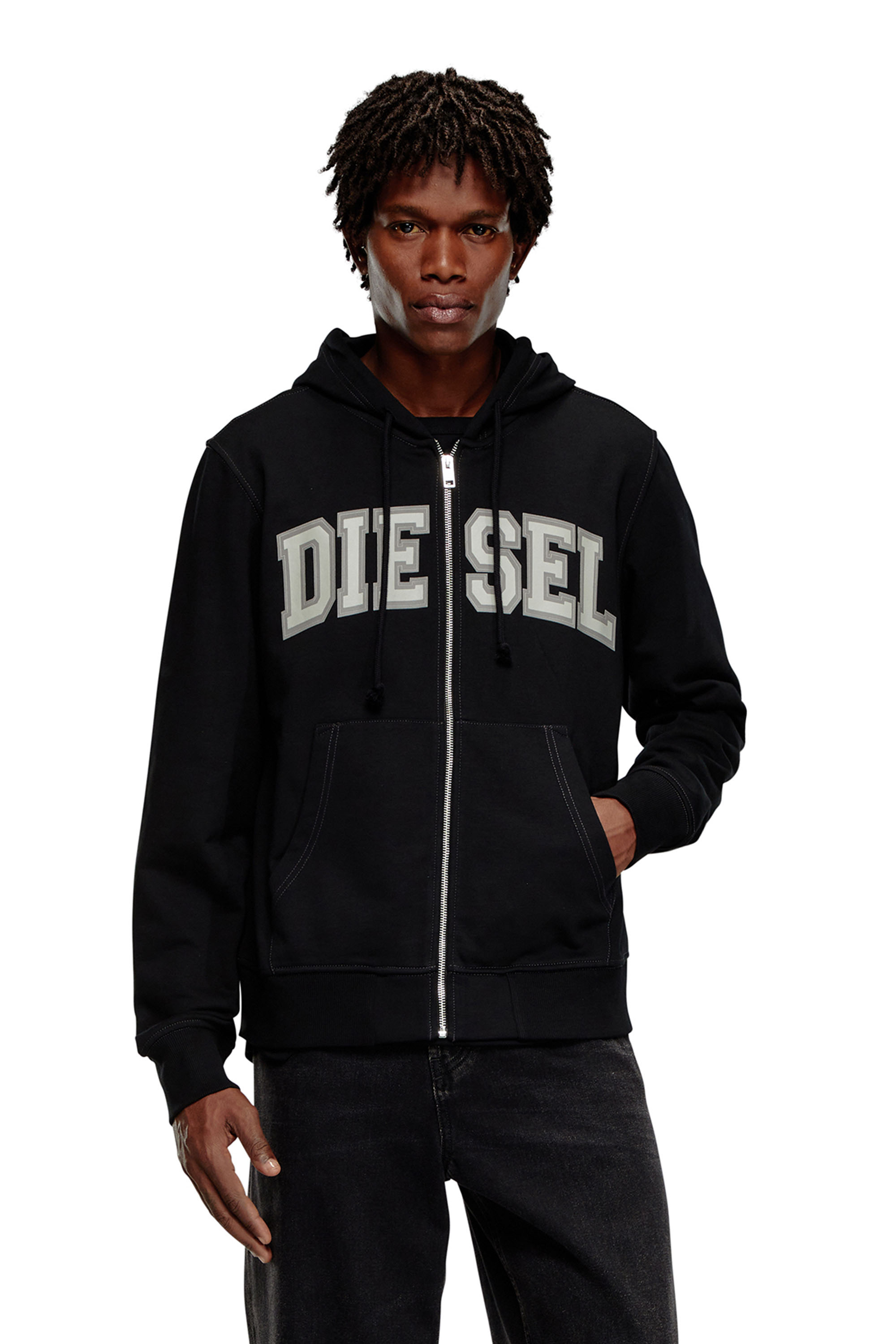 Shop Diesel Zip-up Hoodie With Collegiate Graphics In Black