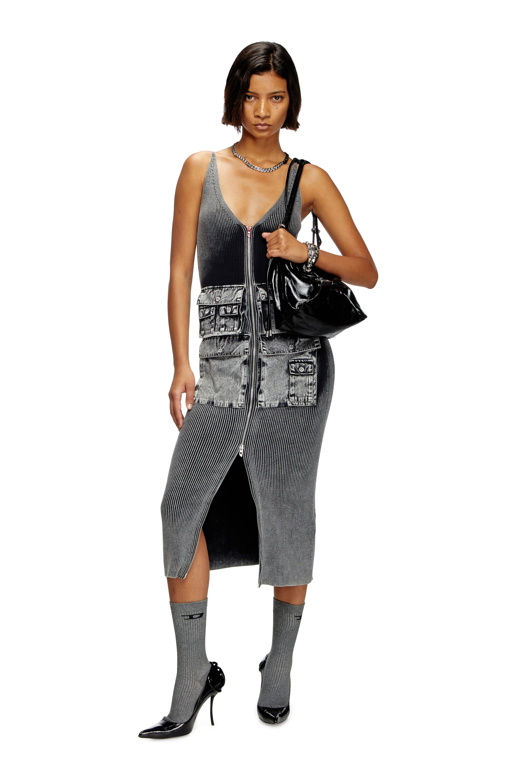 Diesel - M-MELTI, Woman's Knit midi dress with contrast pockets in Dark grey - 1