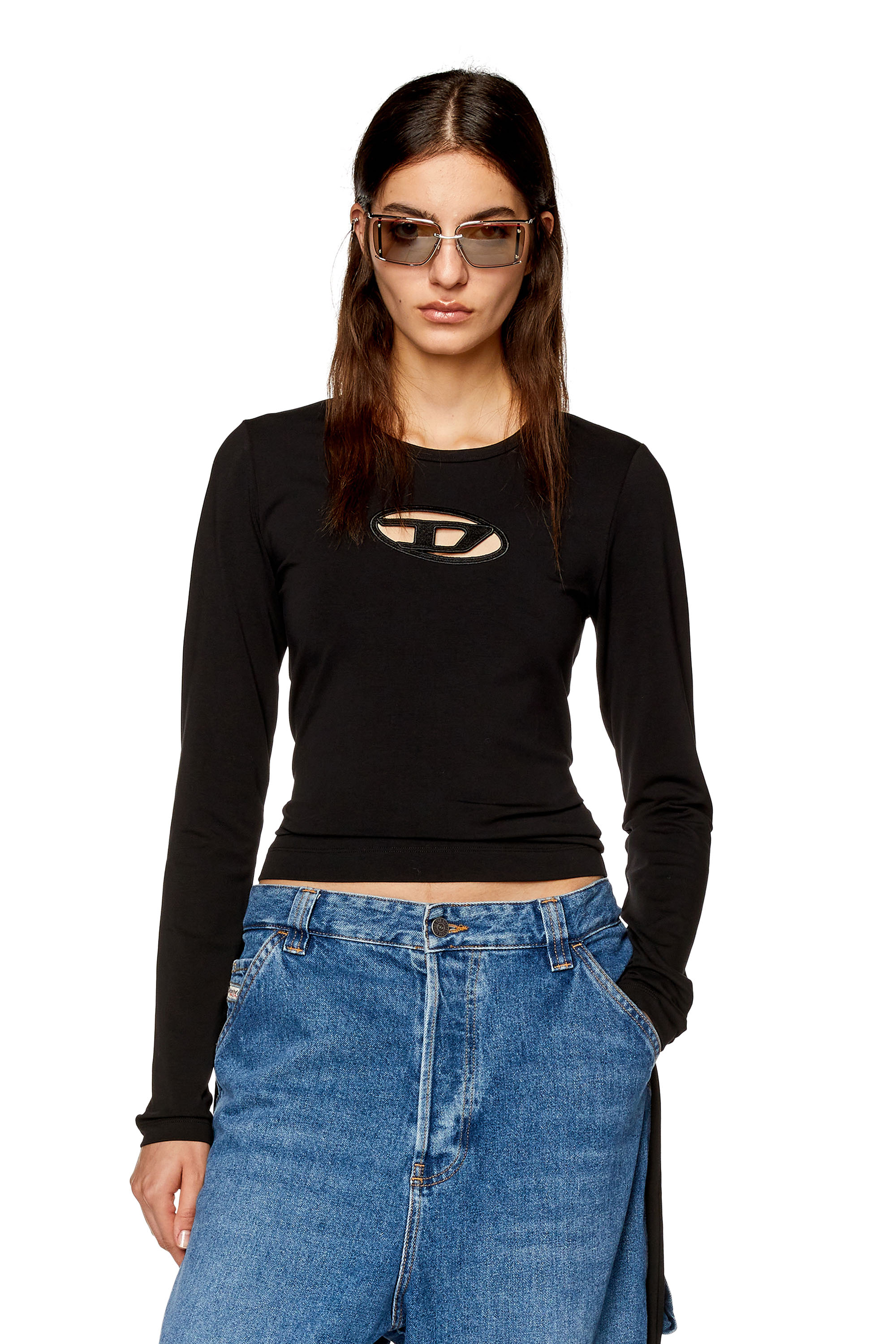 Diesel - T-shirt a maniche lunghe con logo cut-out - T-Shirts - Donna - Nero