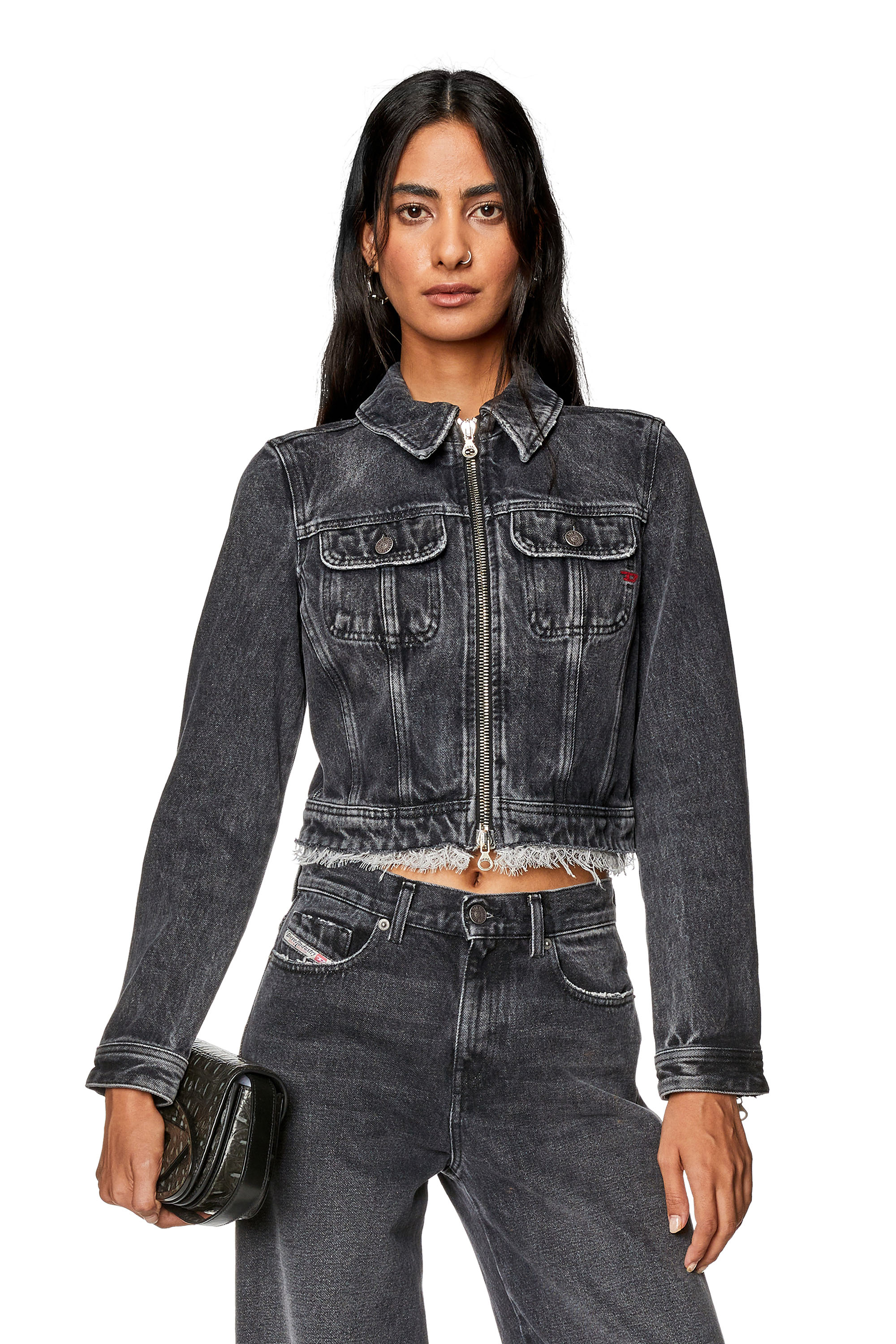 Diesel - Slim-fit trucker jacket with lace details - Denim Jackets - Woman - Black