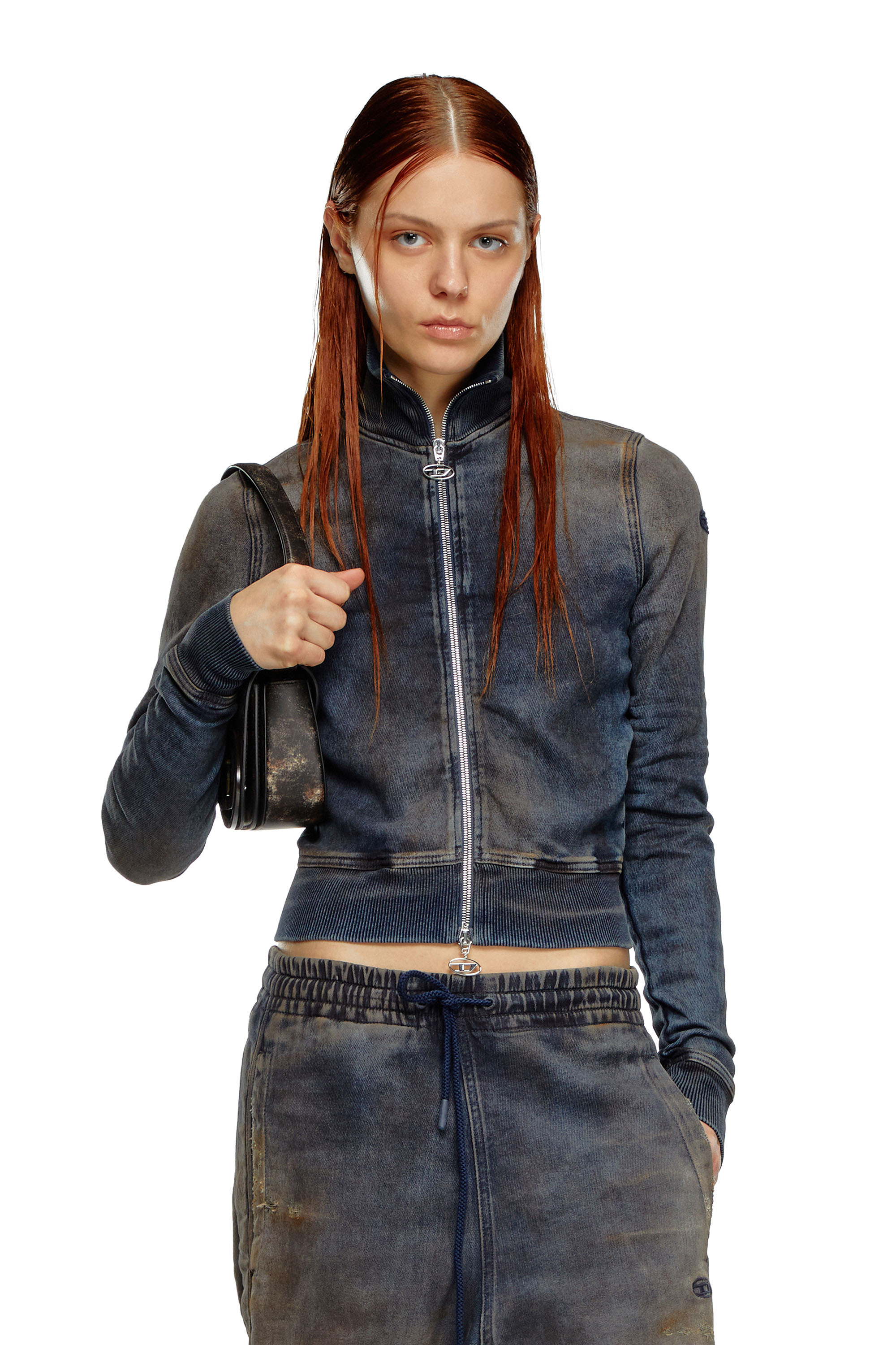 Diesel - Zip-up sweatshirt in distressed Track Denim - Sweaters - Woman - Blue