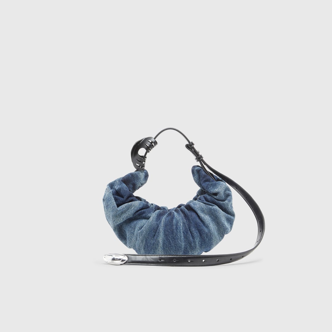 Diesel - Grab-D-Small scrunched hobo bag in treated denim - Shoulder Bags - Woman - Blue