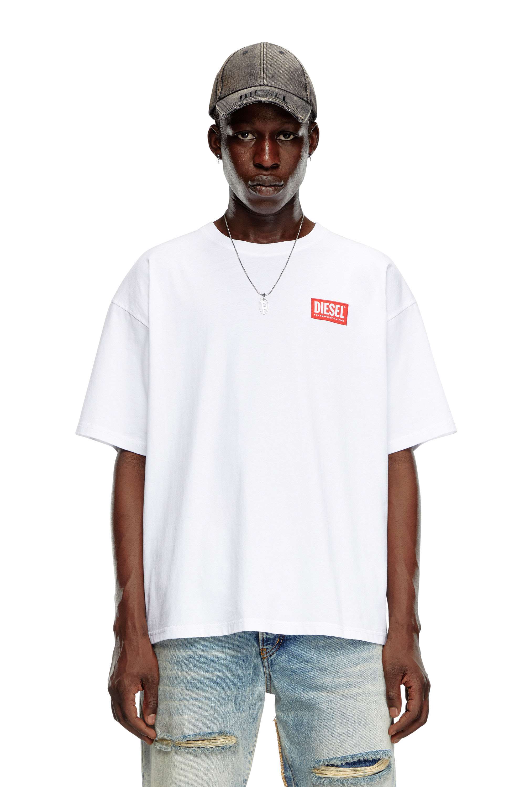 Diesel Mužský Biely - T-Shirt With Jacquard Logo Patch - T-Shirts - Man Malý