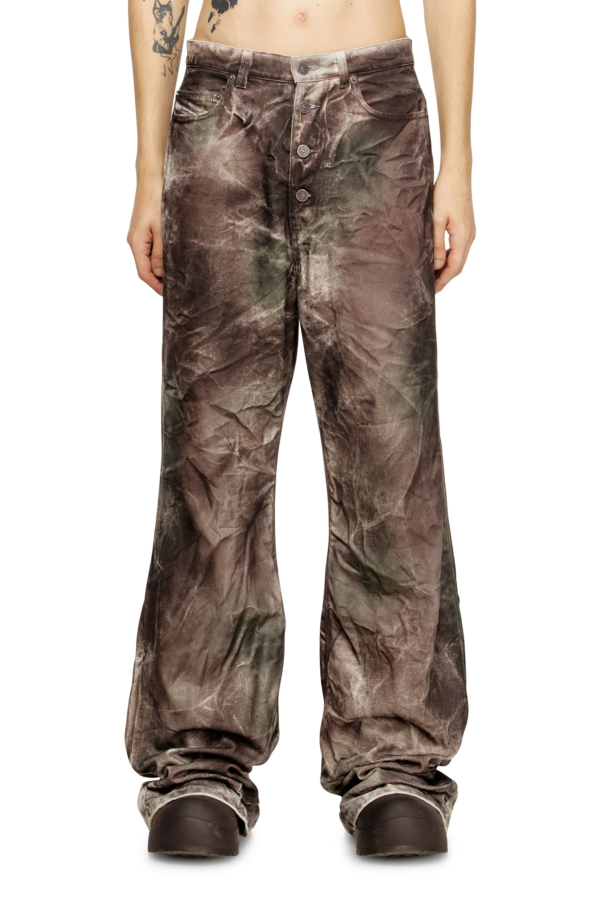 Diesel - P-THUG-PANT, Unisex's Pants in crinkled camo canvas in Brown/Green - 1