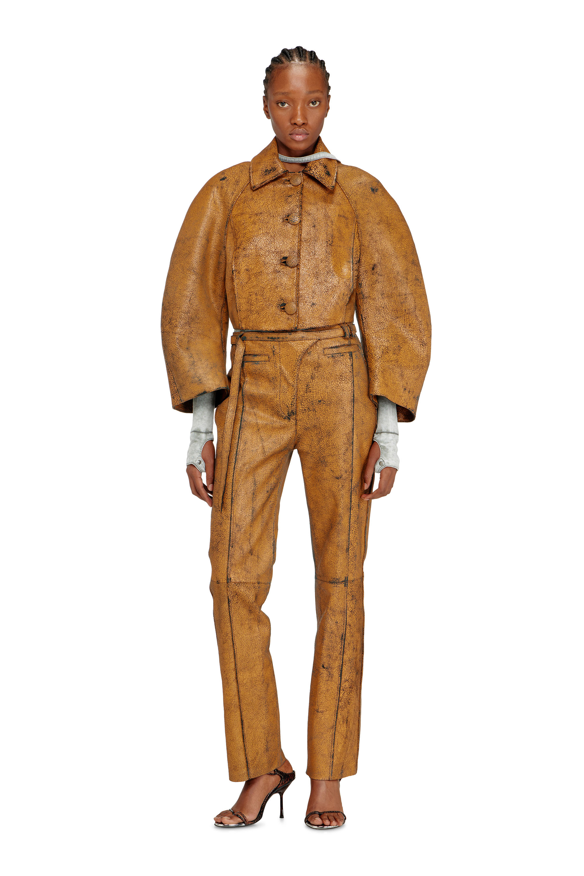 Diesel - L-RAYA, Woman's Cropped cocoon jacket in crackle leather in Brown - 2