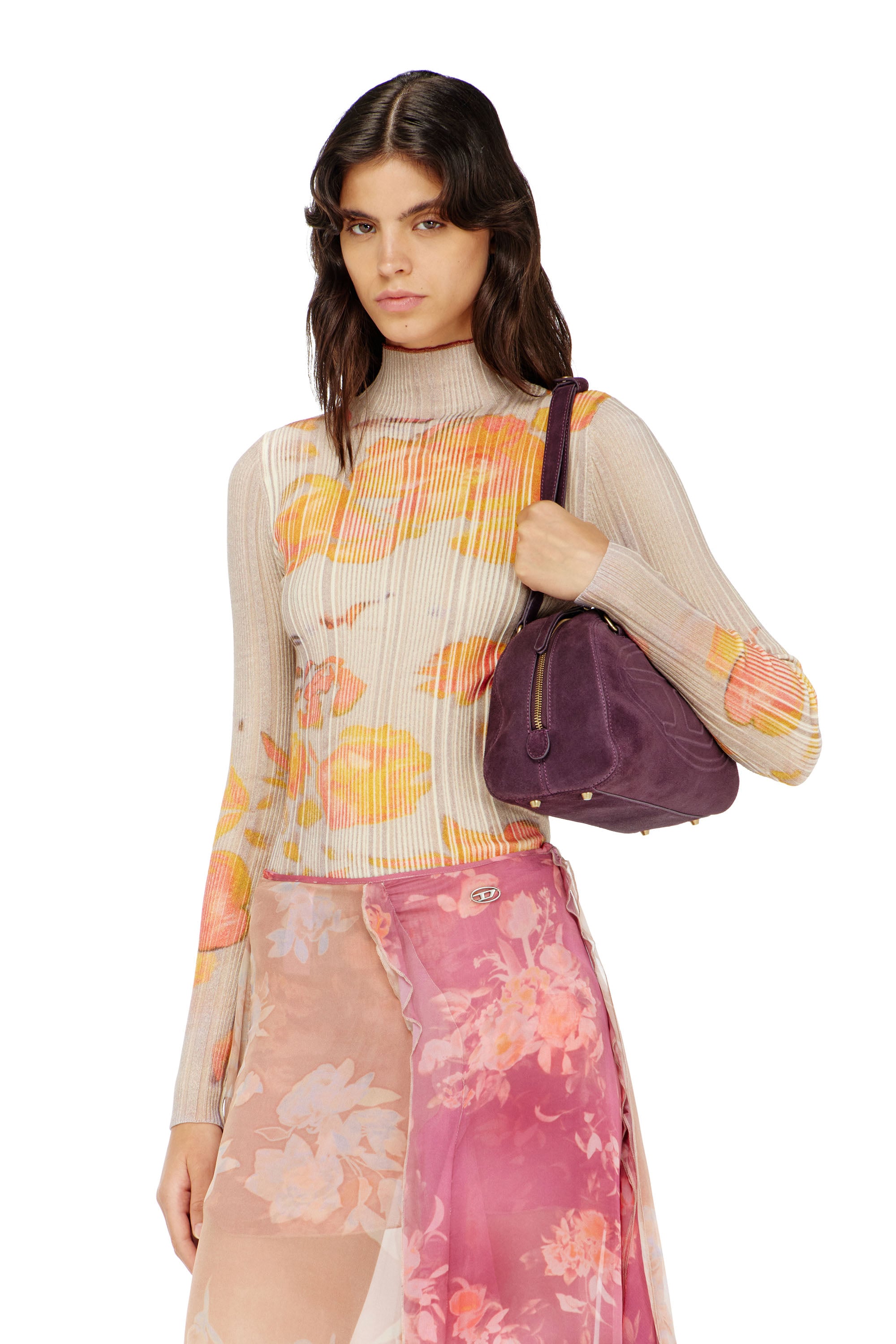 Diesel - Ribbed wool turtleneck top with floral print - Knitwear - Woman - Multicolor