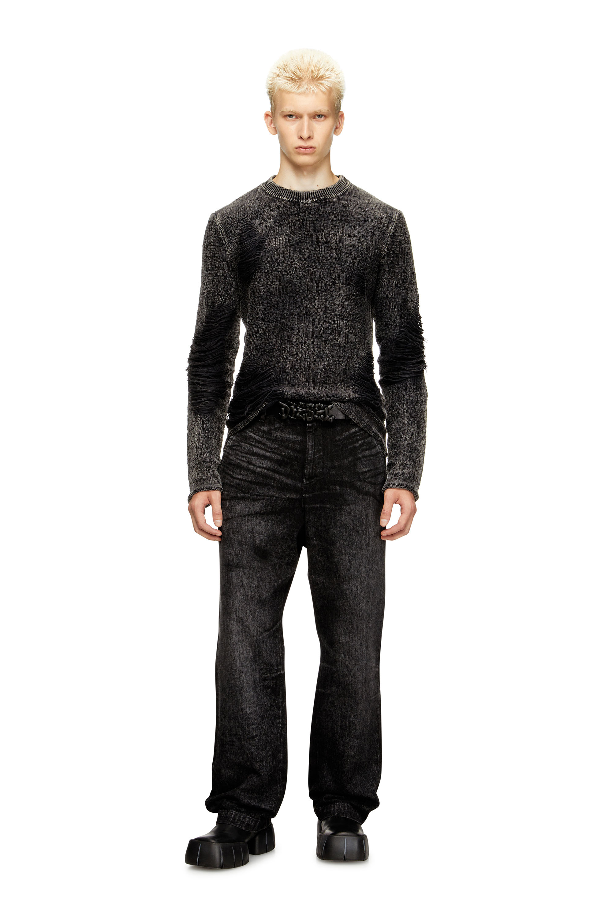 Diesel - K-FJORDI-ROUND, Man's Destroyed jumper with floating yarns in Black - 2