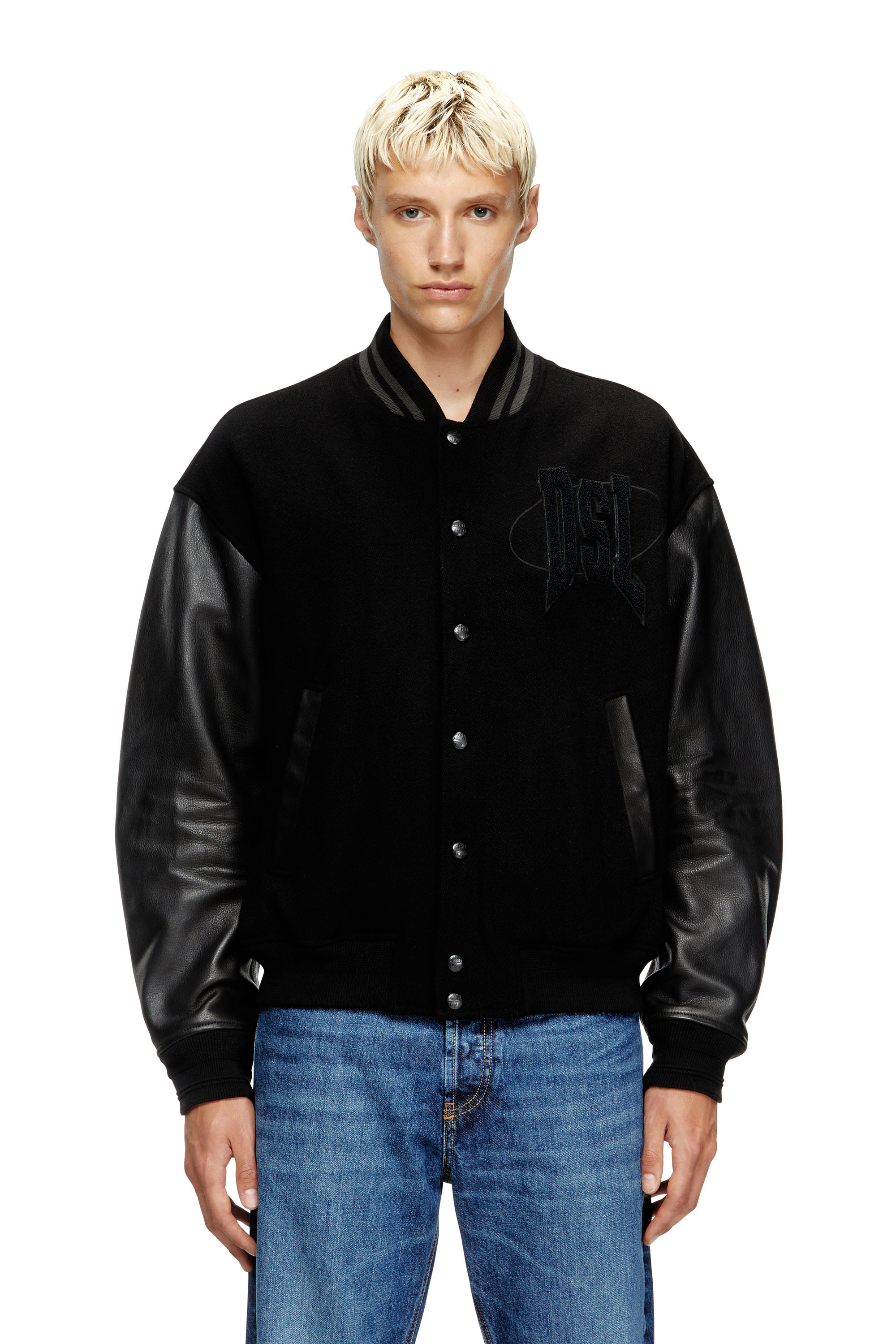 Diesel – Varsity bomber jacket in cotton and leather – Leather jackets – Man – Black Diesel – Varsity bomber jacket in cotton and leather – Leather jackets – Man – Black