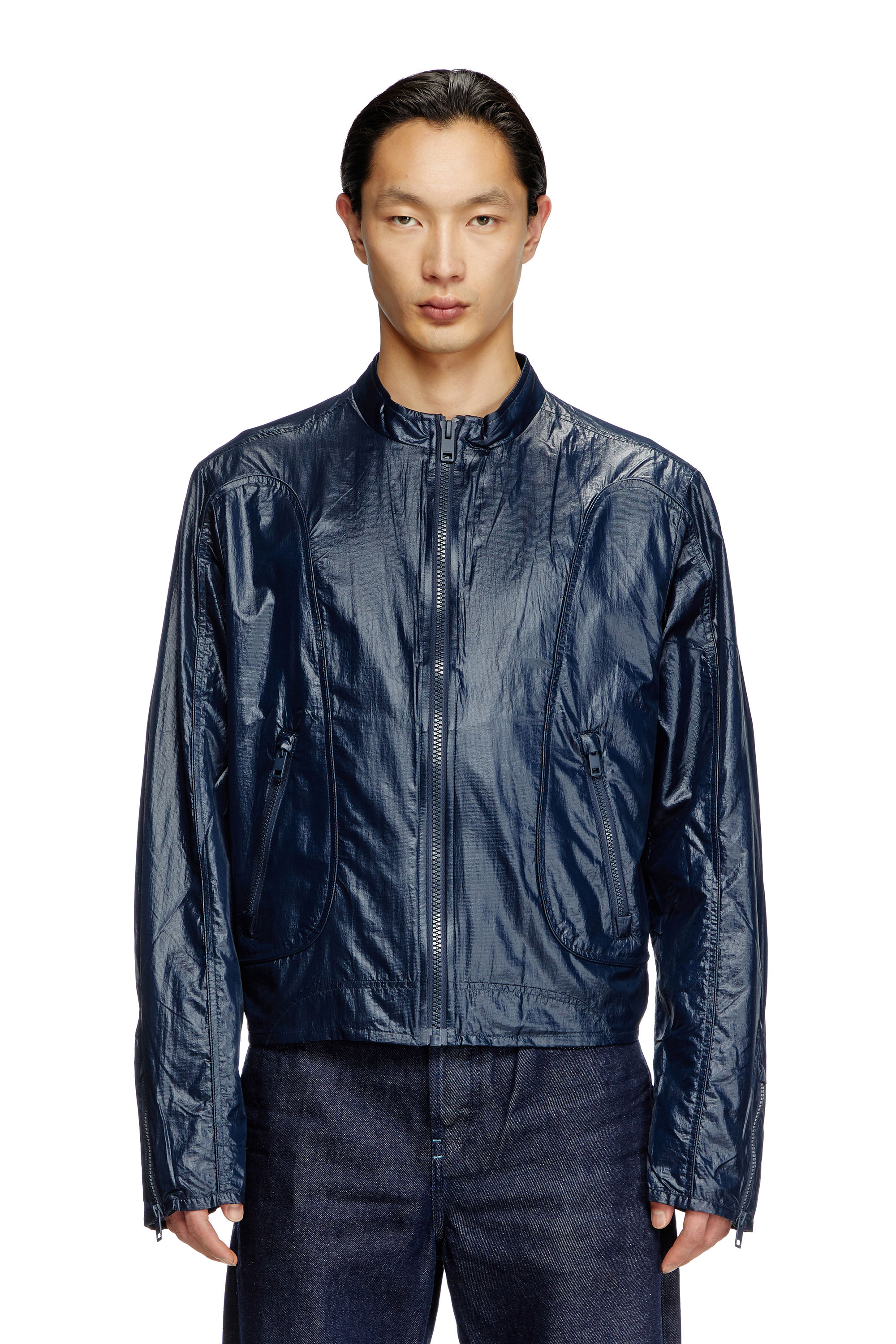Diesel Biker Jacket In Shiny Ripstop In Blue