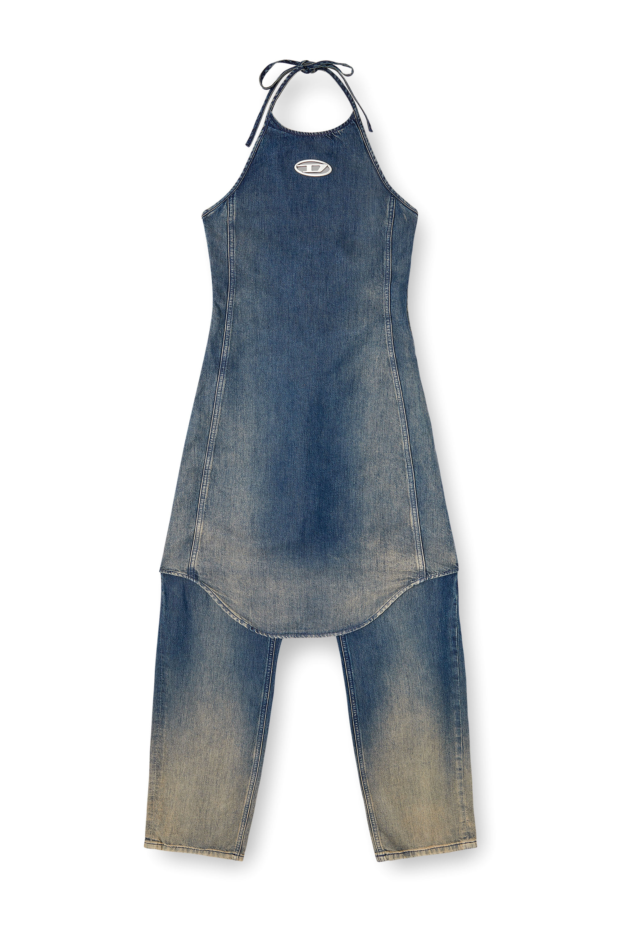 Diesel - DE-CYNTHIA-S, Woman's Halter jumpsuit in gradient fluid denim in Dark Blue - 2
