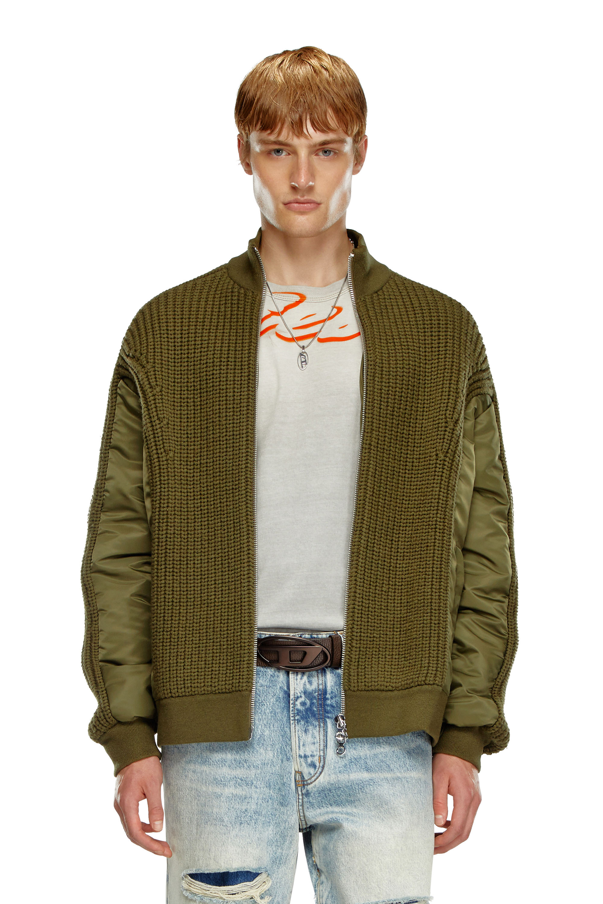 Shop Diesel Cardigan Con Zip In Lana E Nylon In Verde