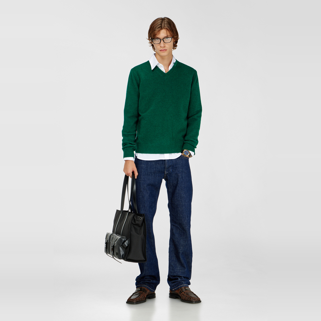 Diesel - Pull en laine col V avec logo sur le col - Pull Maille - Homme - Vert
