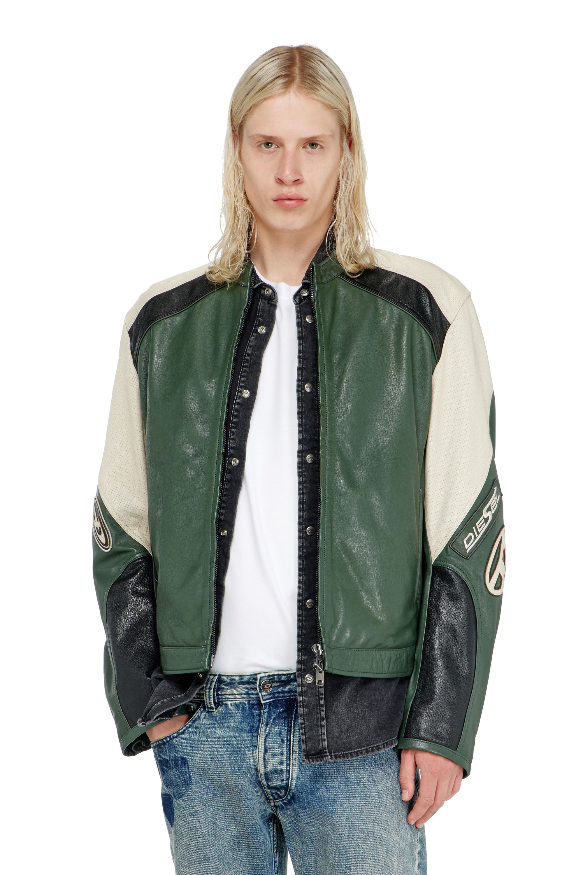 Diesel - Biker jacket in colour-block perforated leather - Leather jackets - Man - Multicolor