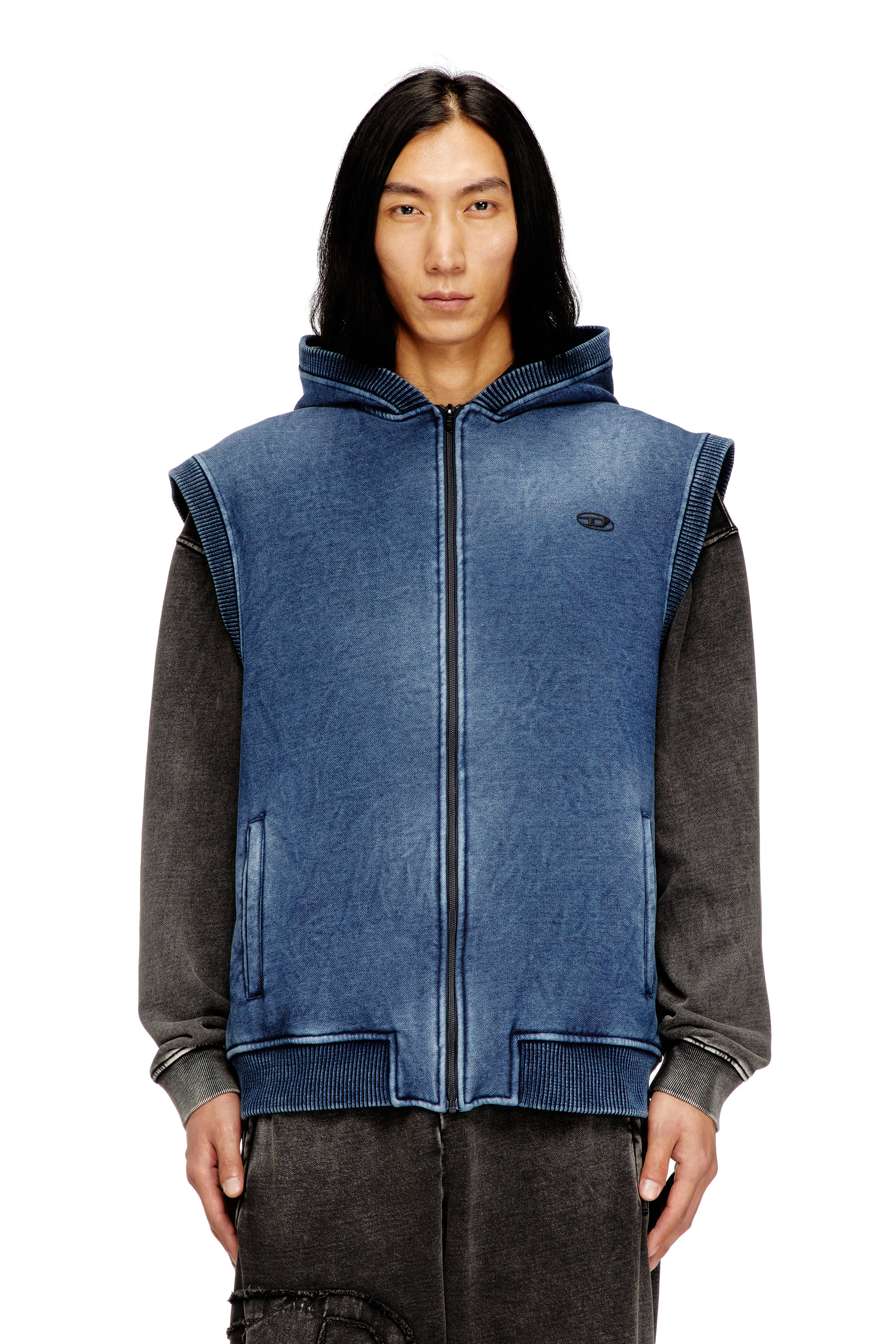 Diesel - S-HAKEL, Man's Teddy-lined sleeveless zip-up hoodie in Medium blue - 3