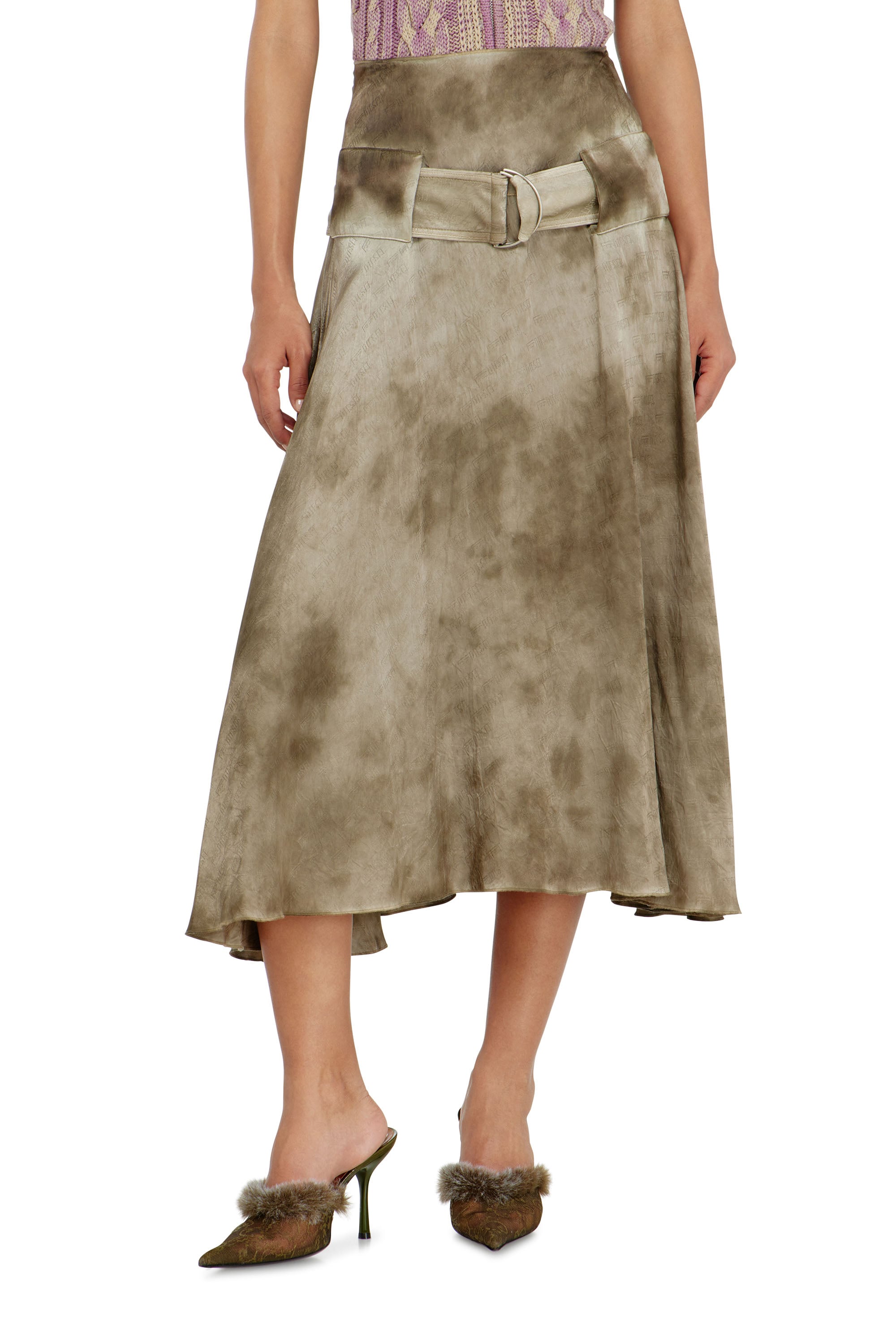 Diesel - Belted midi skirt in logo-jacquard satin - Skirts - Woman - Brown