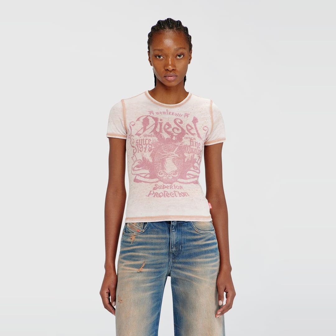 Diesel - Slim jersey T-shirt with print and studs - T-Shirts - Woman - Pink