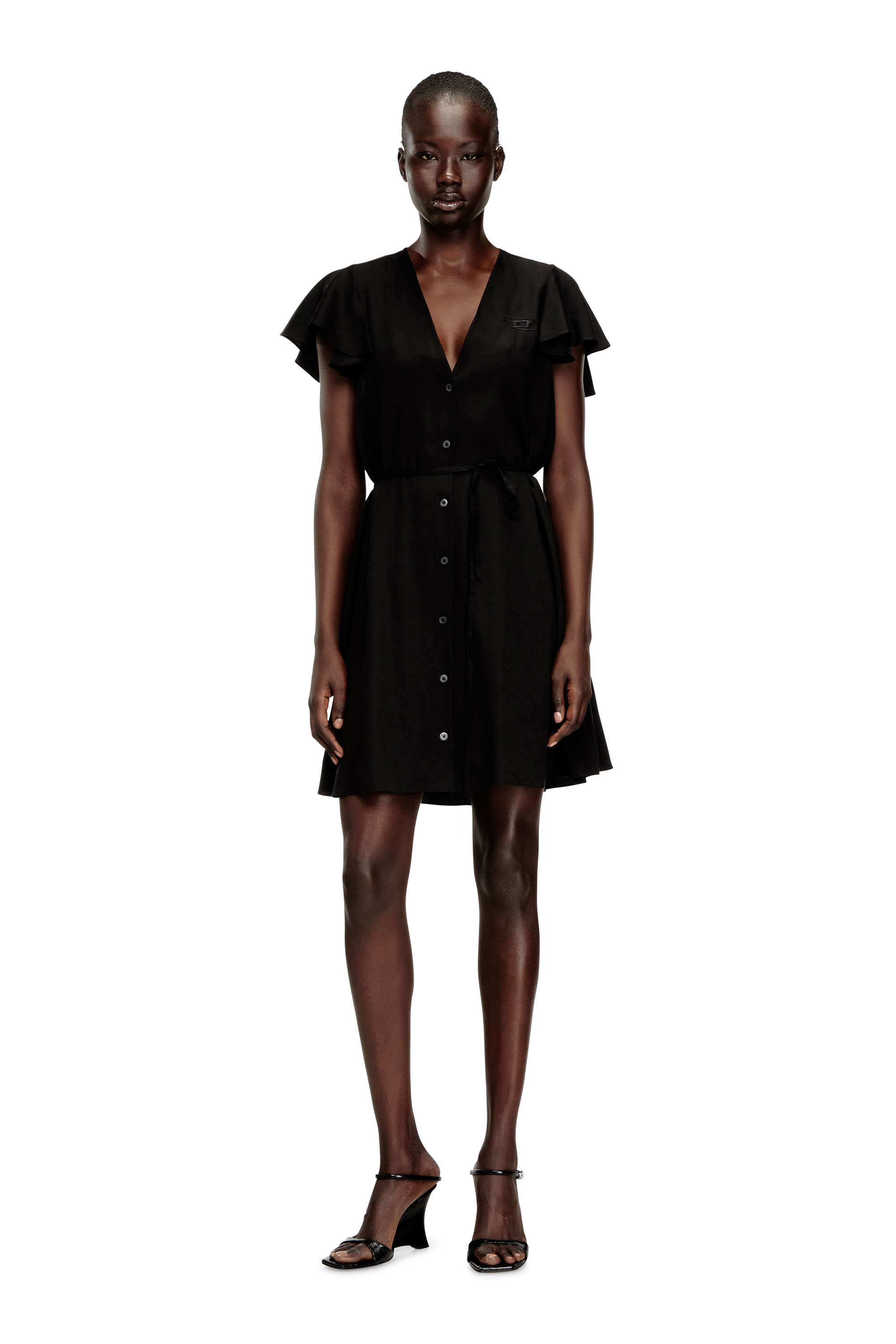 Diesel - D-AIKIRI, Woman's Cupro dress with V-neck and front buttons in Black - 2