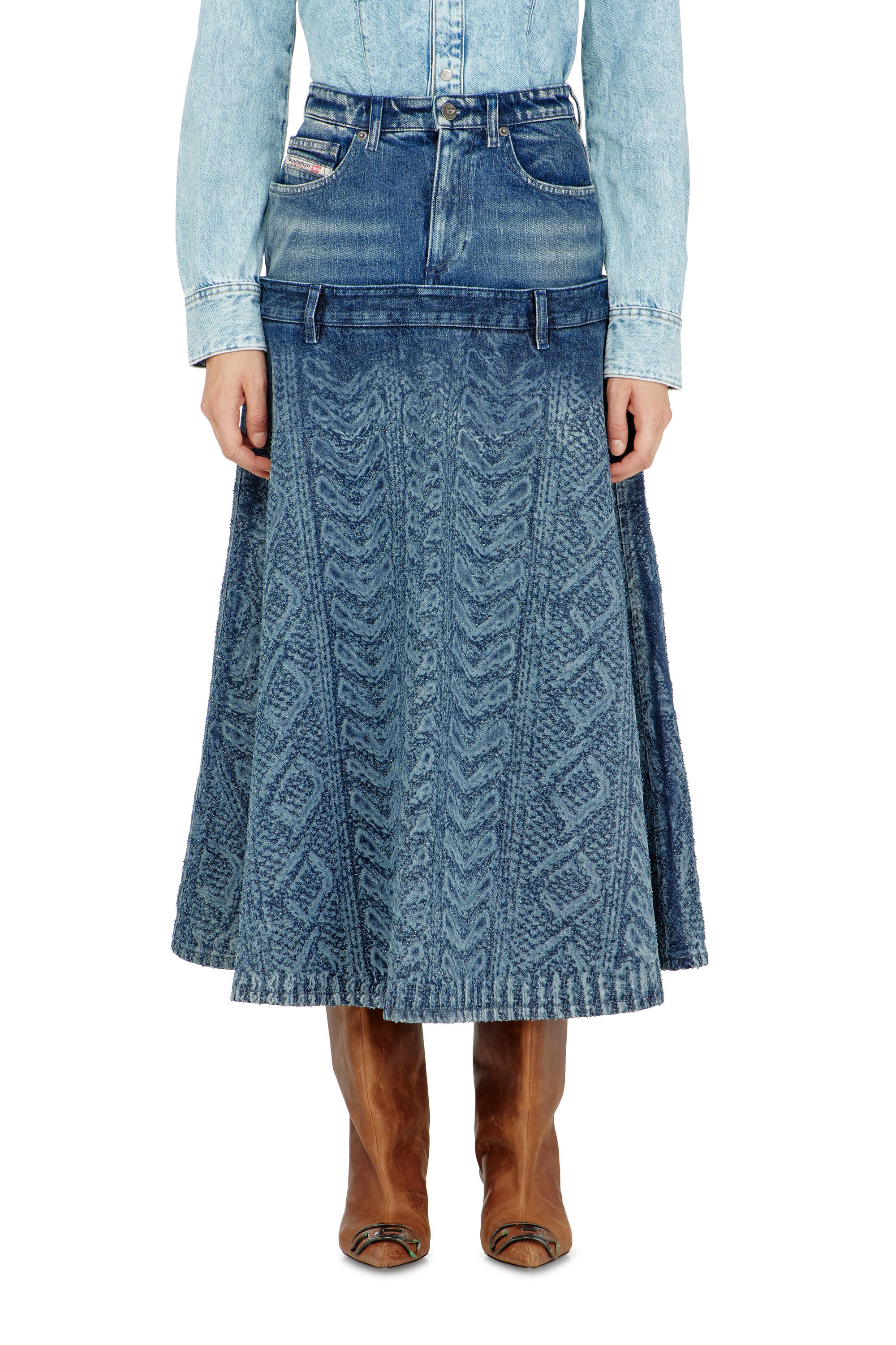 Diesel - Midi skirt in cable-knit-effect denim - Skirts - Woman - Blue