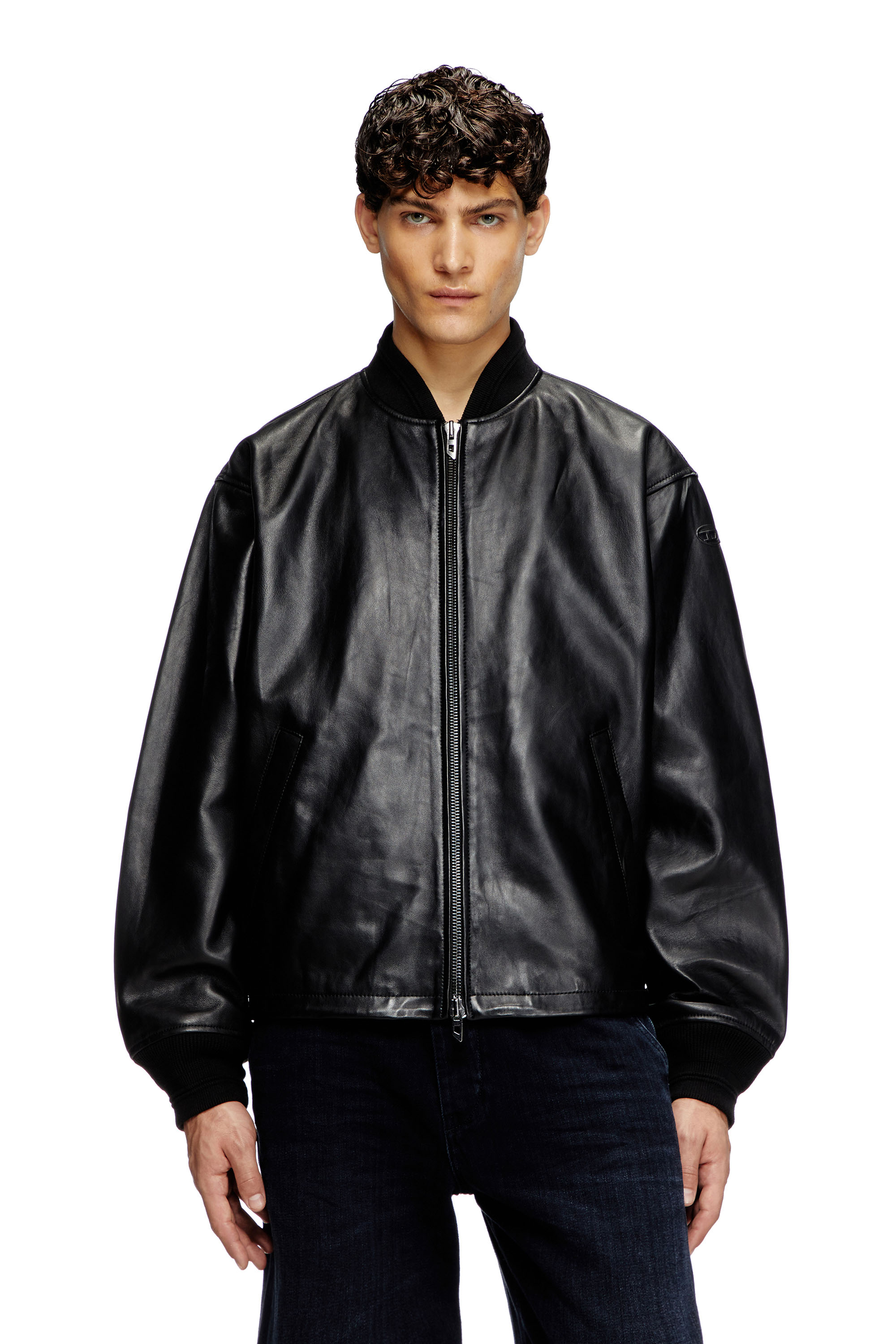 Diesel Homem Preto - Waxed-Leather Bomber Jacket - Leather Jackets - Man Tamanho 52