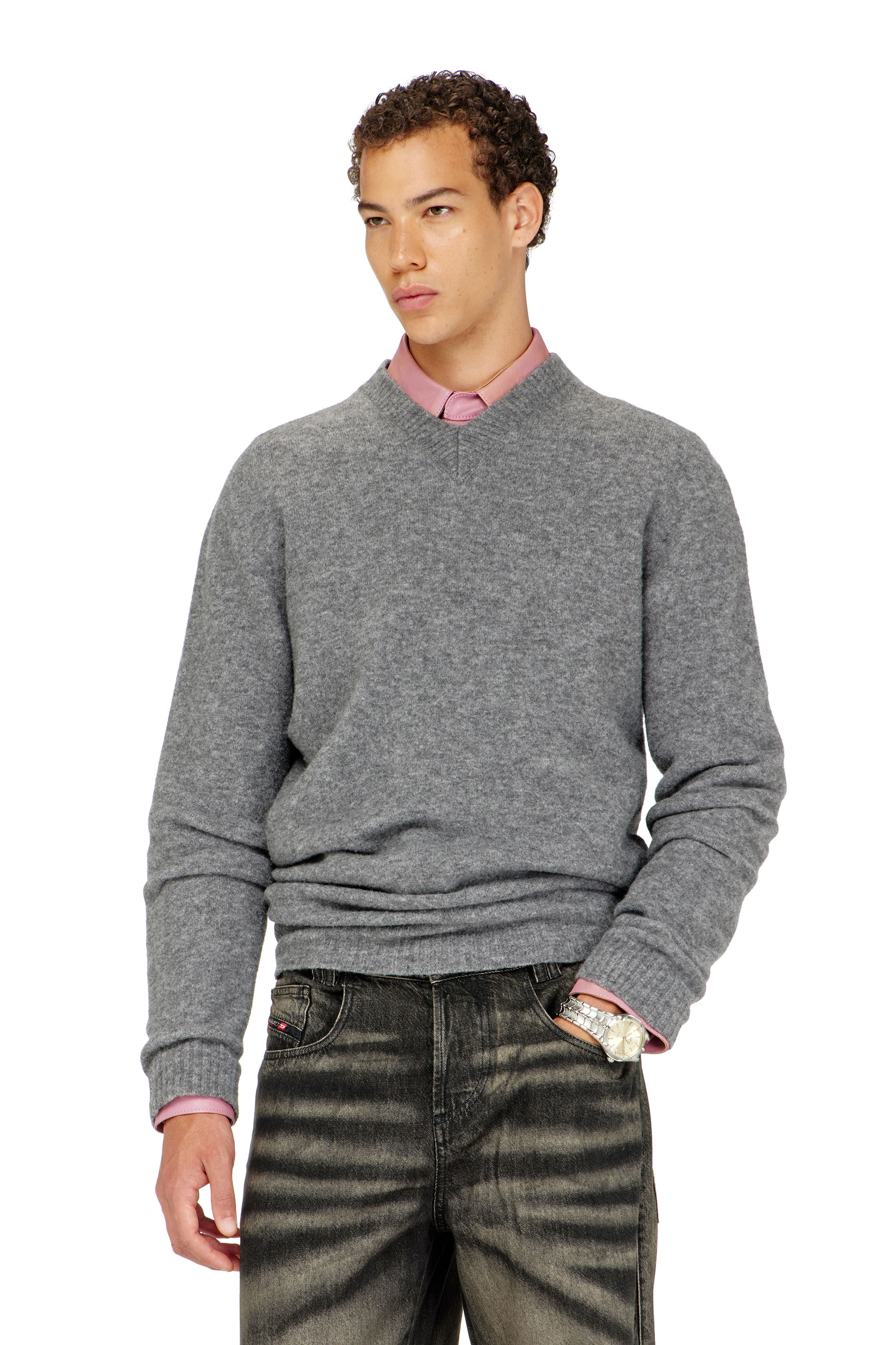 Diesel - V-neck jumper in wrinkled boiled knit - Knitwear - Man - Grey