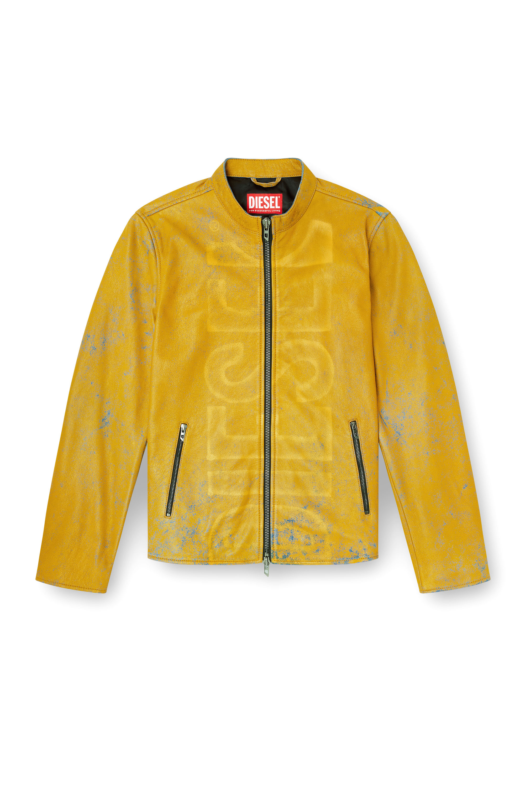 Diesel - L-EVERT-A, Man's Treated leather biker jacket with faded logo in Yellow - 3