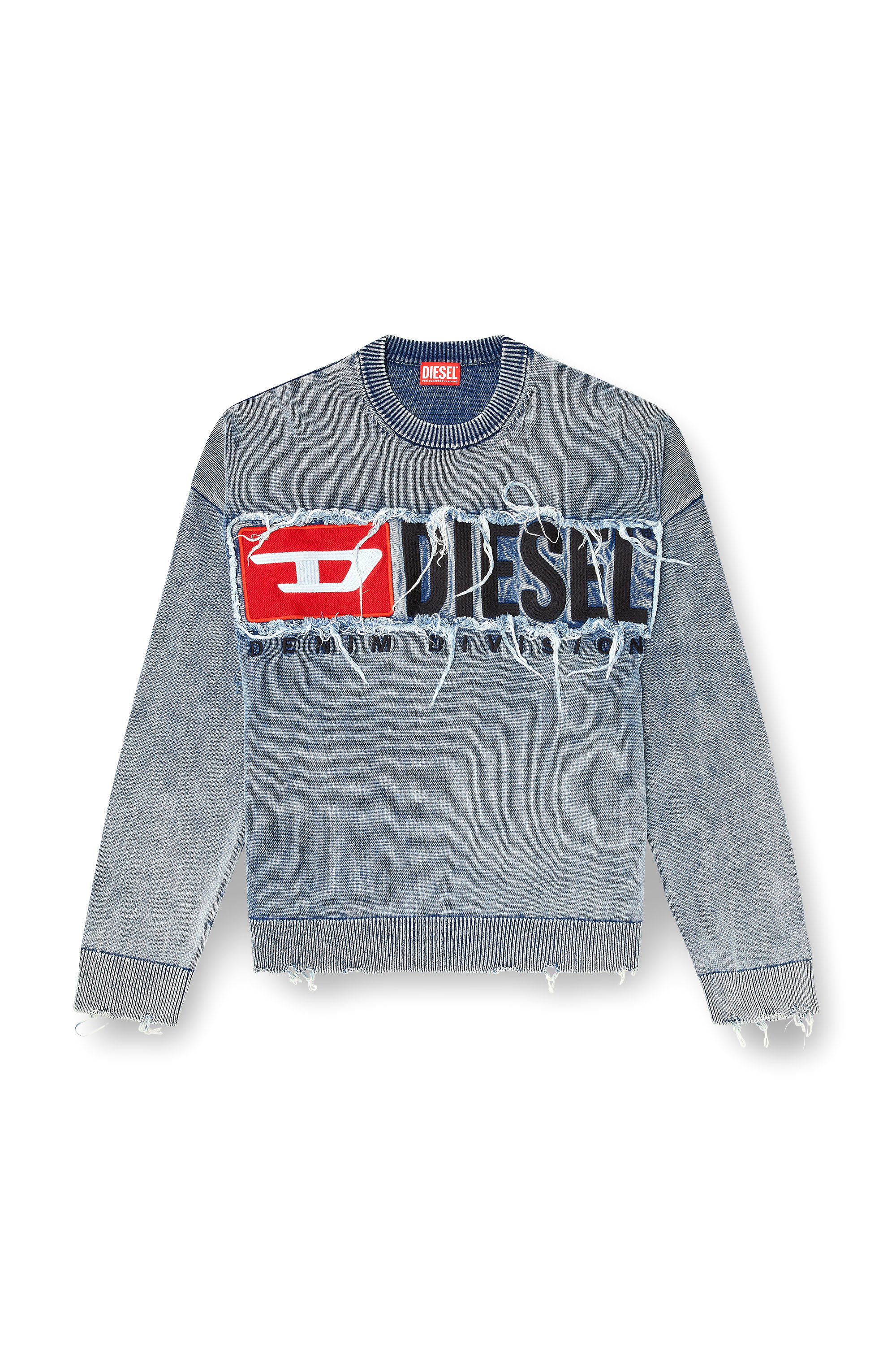 Diesel - K-FRONZI, Man's Cotton jumper with denim logo patch in Blue - 3