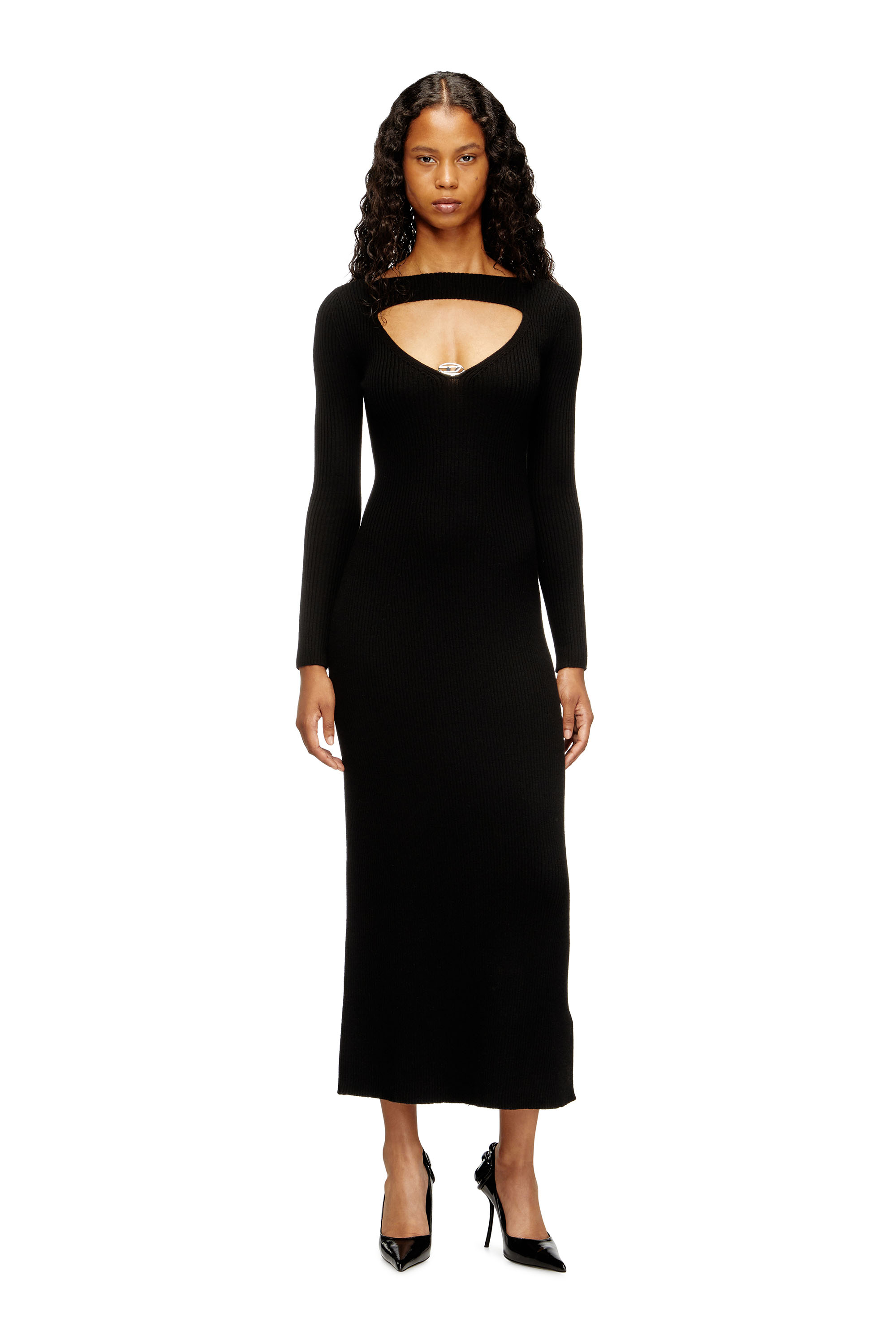Diesel - M-OLONI, Woman's Midi wool dress with inlay in Black - 2