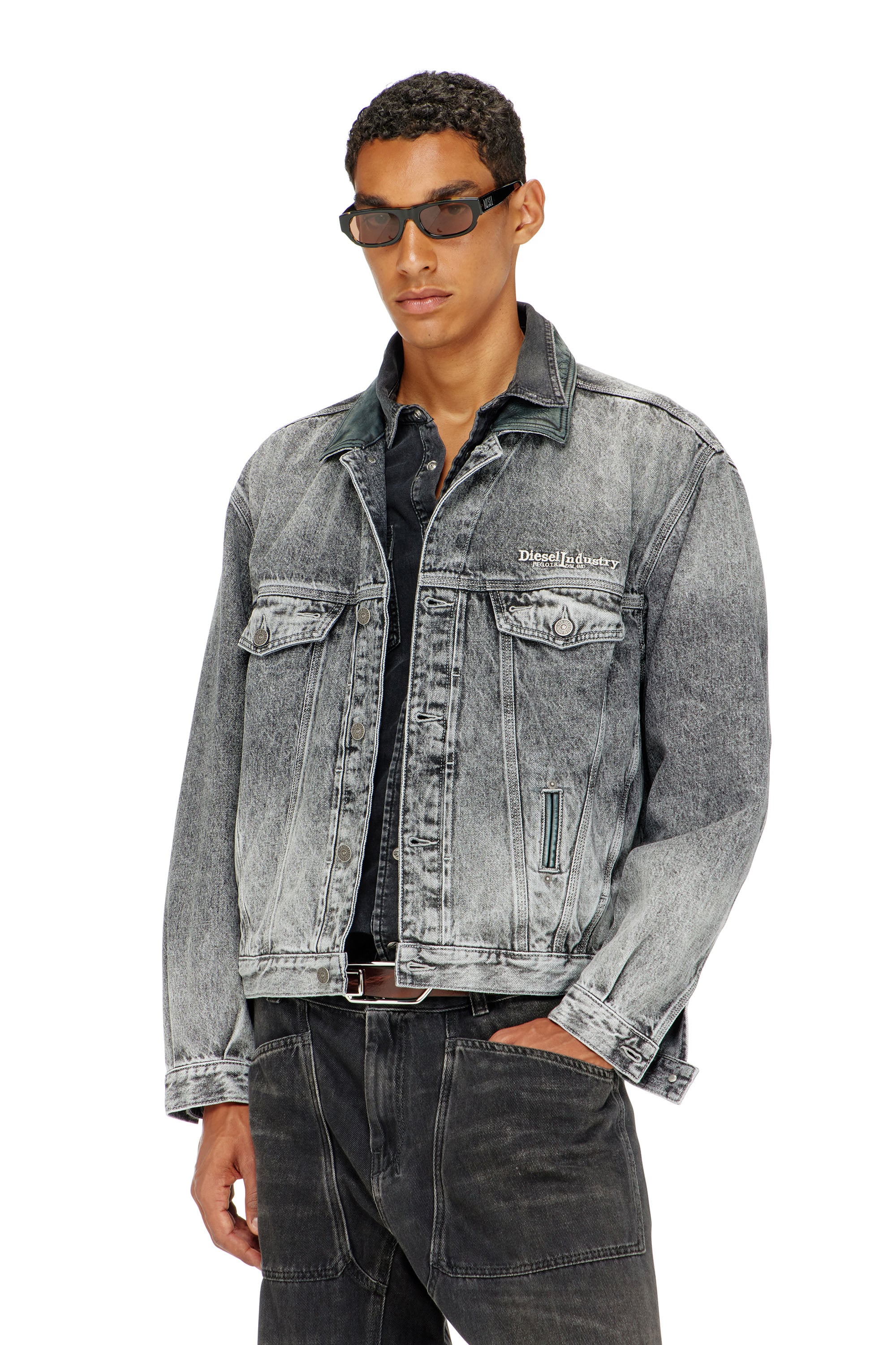 Diesel - Denim trucker jacket with tonal leather trims - Denim Jackets - Unisex - Grey