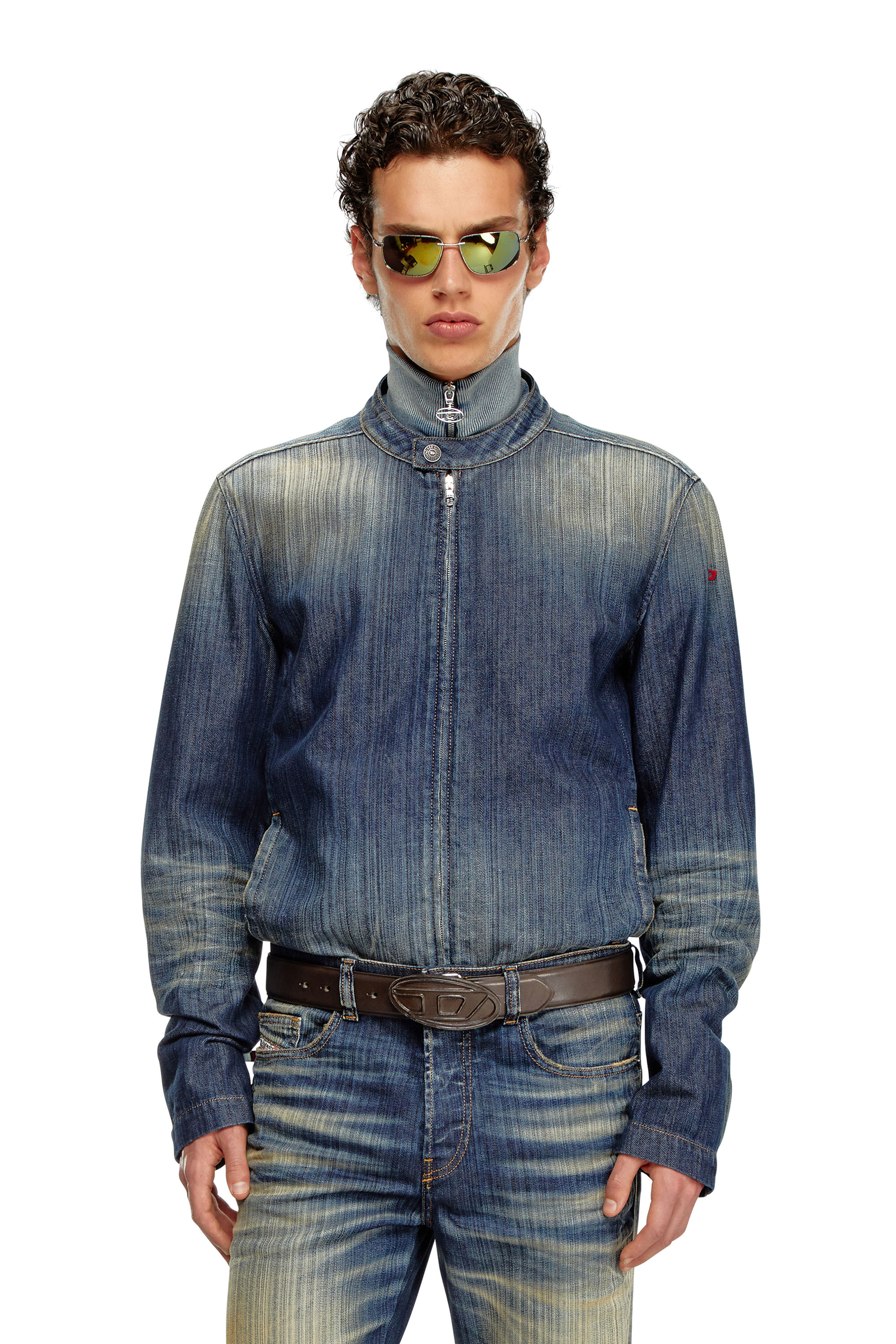 Diesel - Moto jacket in streaky denim - Denim Jackets - Man - Blue