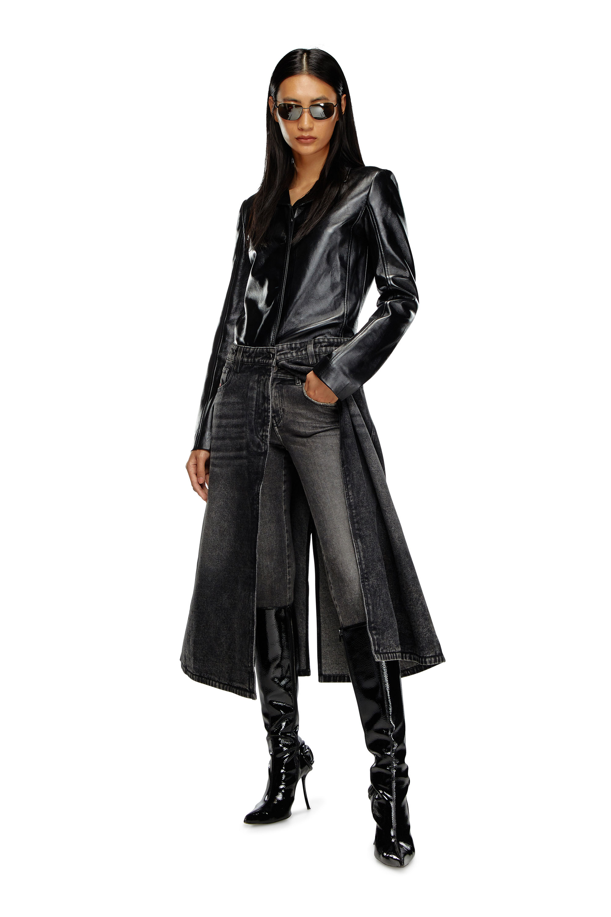 Shop Diesel Hybrid Coat In Denim And Leather In Black