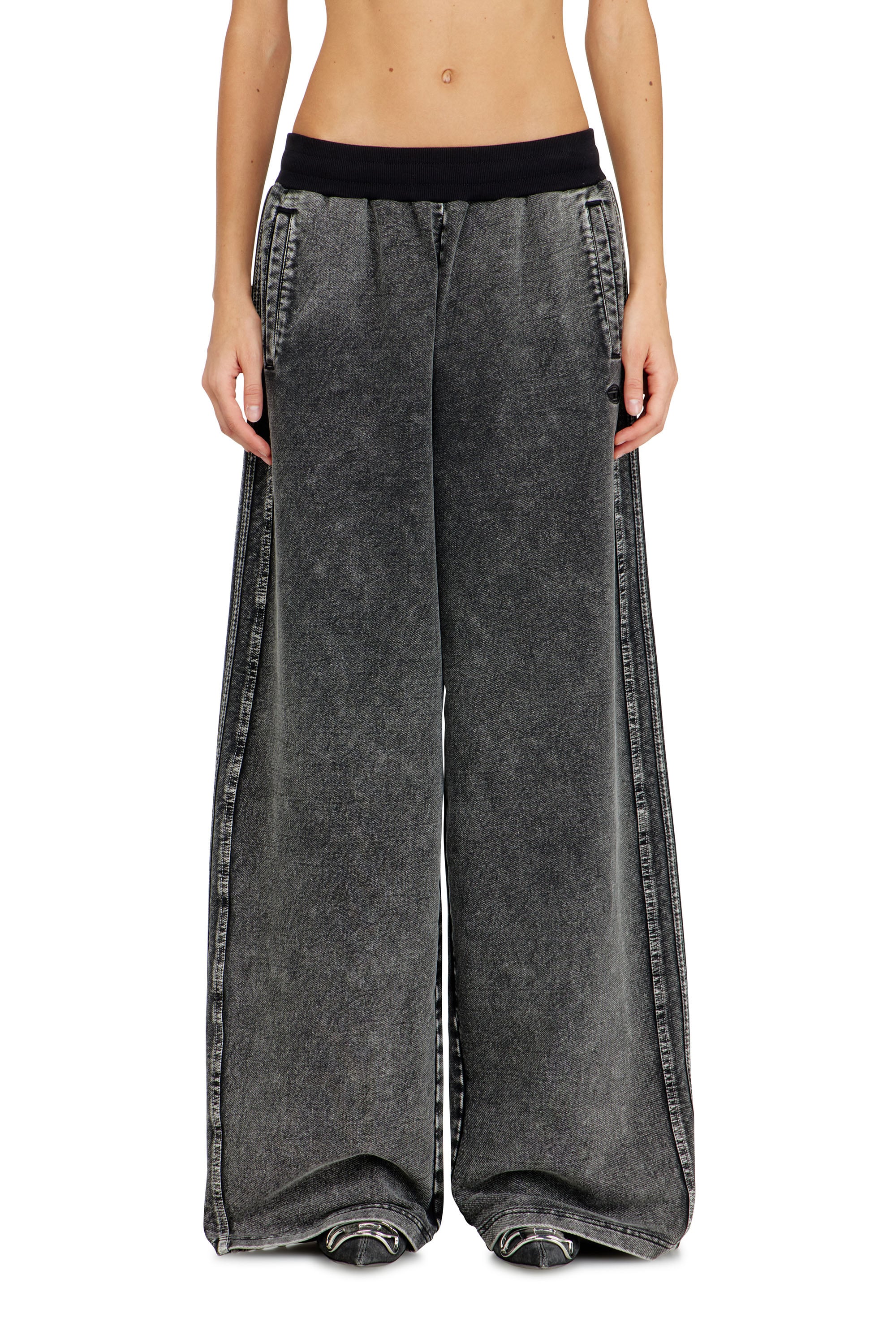 Diesel - Wide pants in washed cotton with side bands - Pants - Woman - Grey