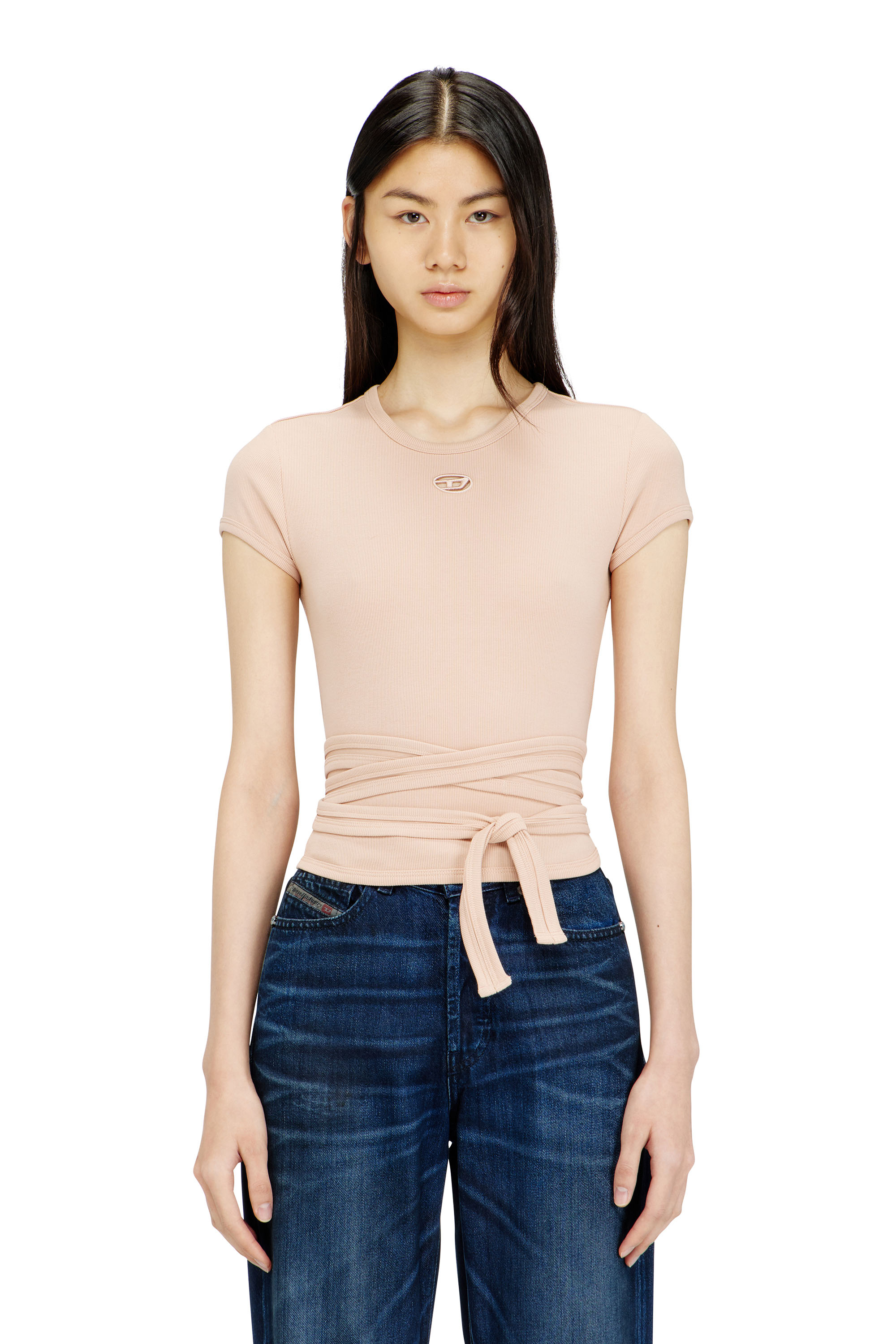 Diesel Women's Pink - Ribbed Top With Wrap-Around Laces - T-Shirts - Woman
