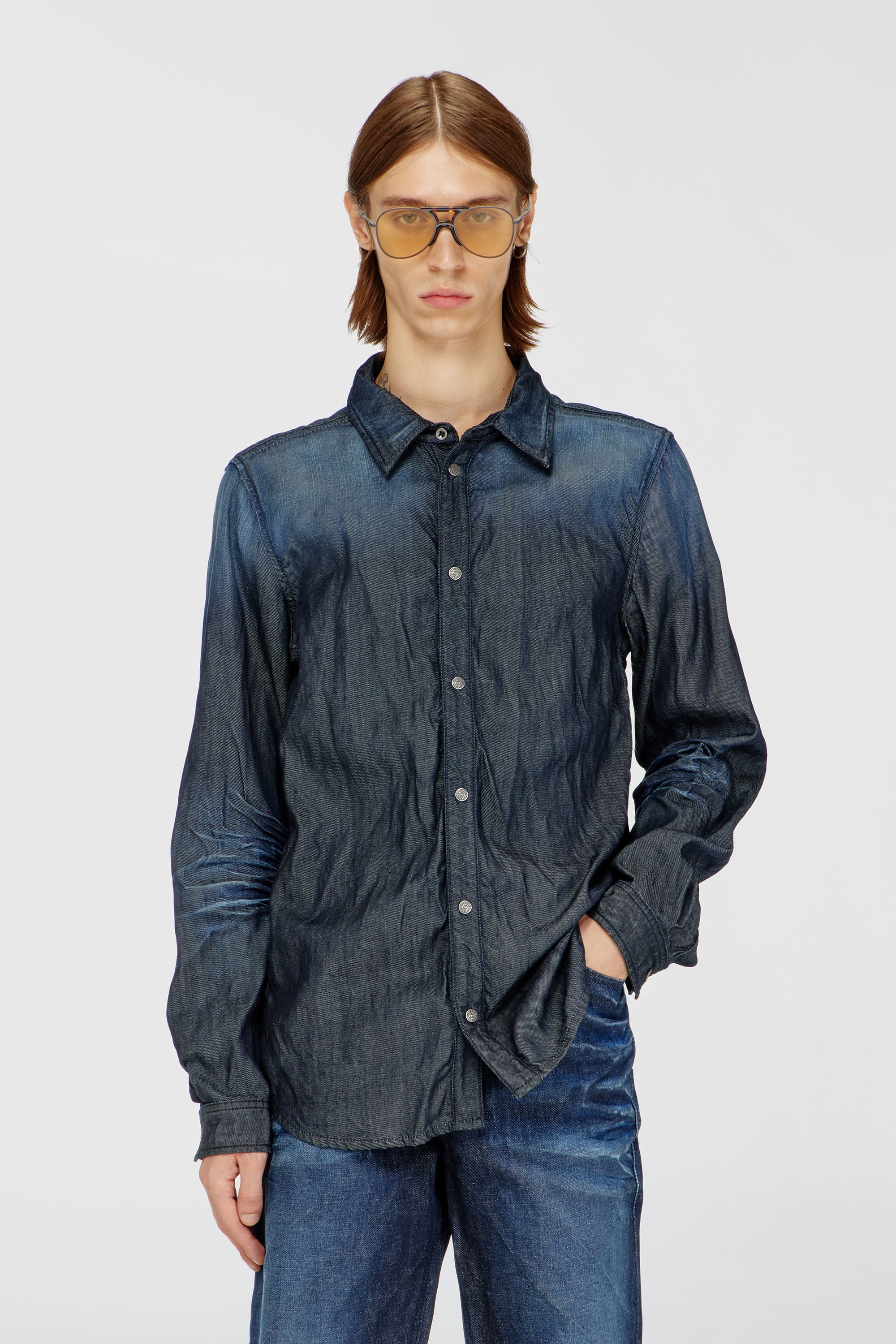 Diesel - Shirt in creased denim - Denim Shirts - Man - Blue