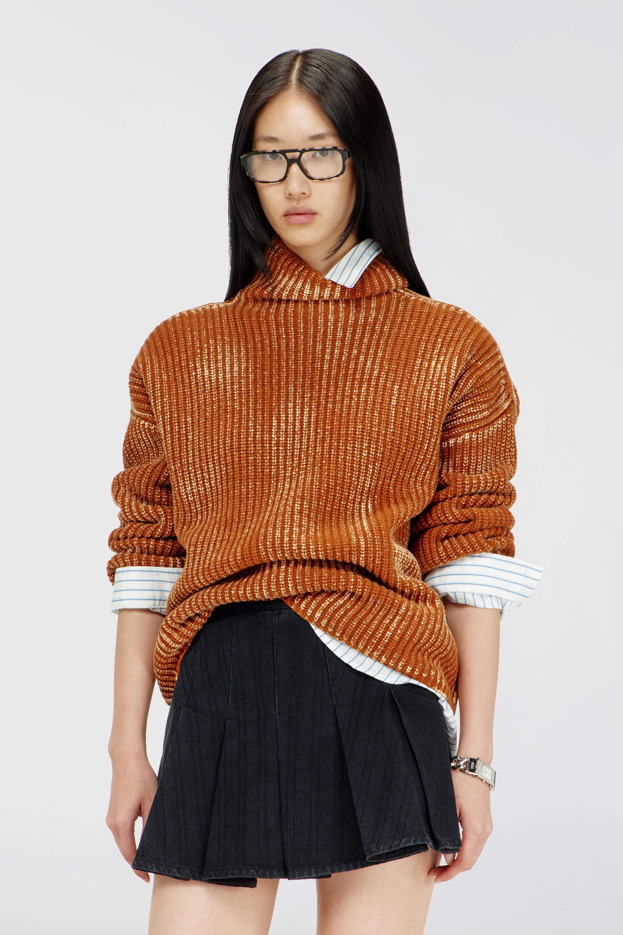 Diesel, Funnel-neck jumper in ribbed wool blend, Knitwear, Woman in Brown