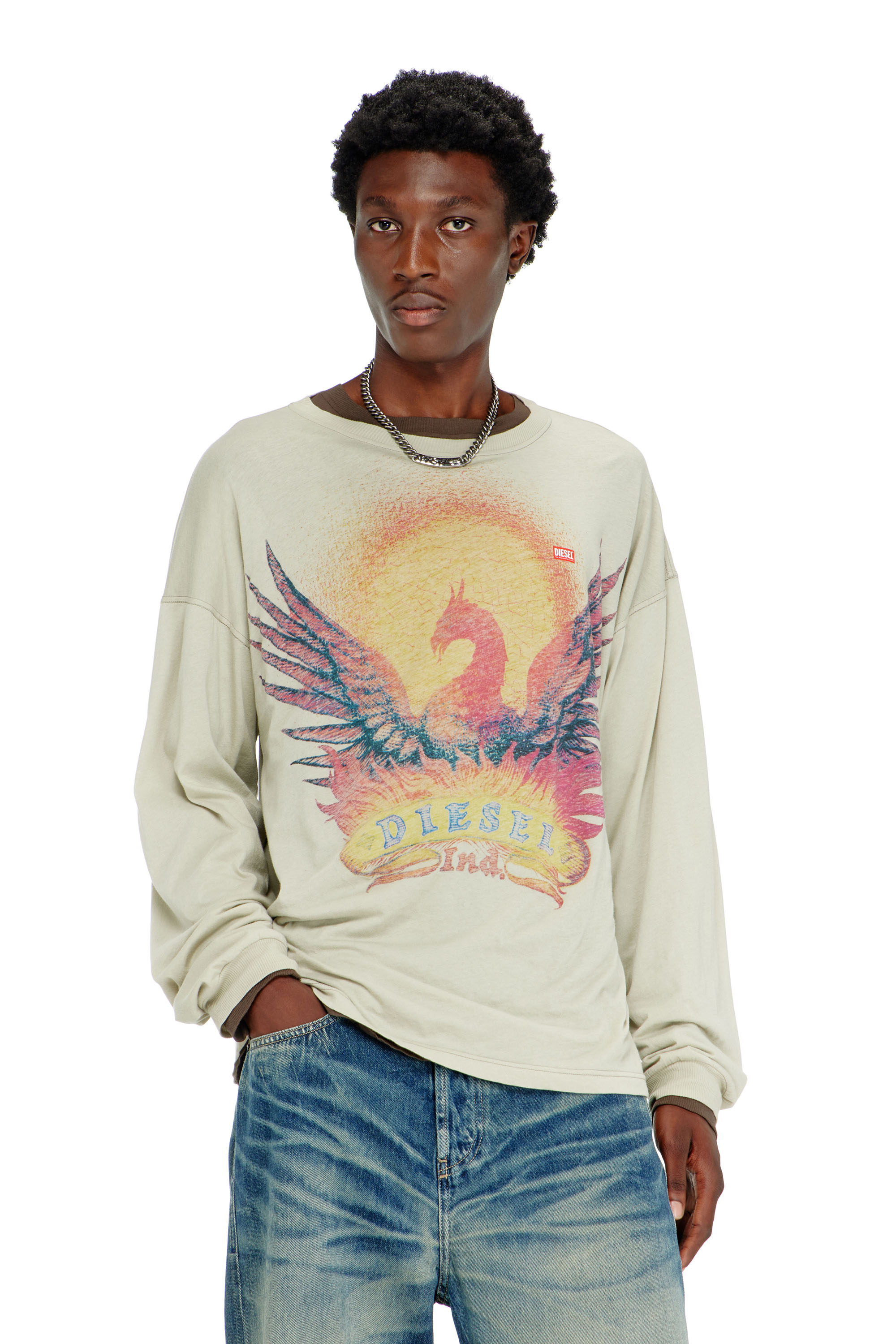 Diesel Mannelijk Beige - Long Sleeve T-Shirt With Phoenix Graphic - T-Shirts - Man Xxs
