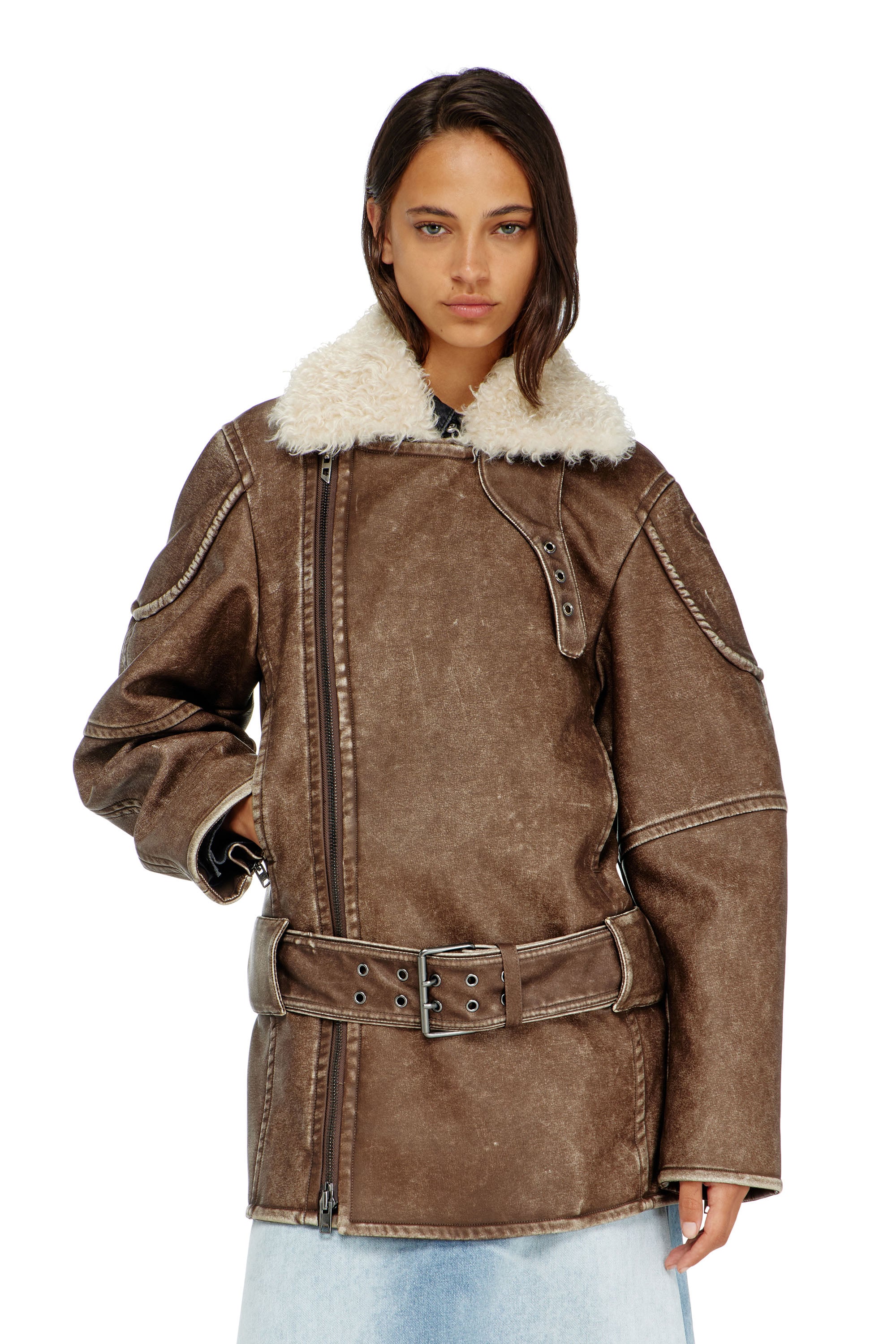 Diesel Damen Braun - Doppelreihiger Aviator-Biker-Mantel - Jacken Größe 36