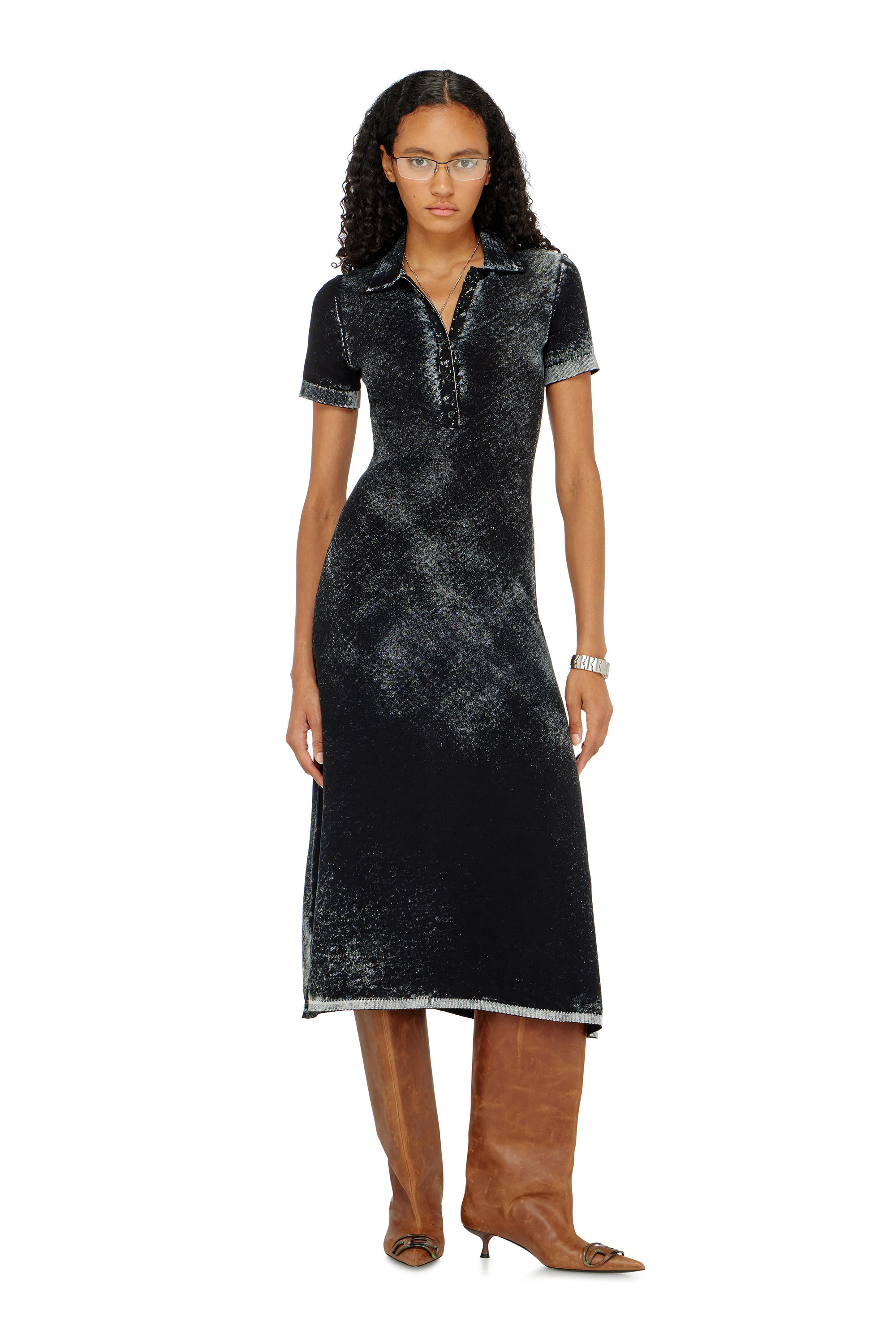 Diesel Vrouw Zwart - Midi Polo Dress In Reverse-Printed Knit - Dresses - Woman Klein