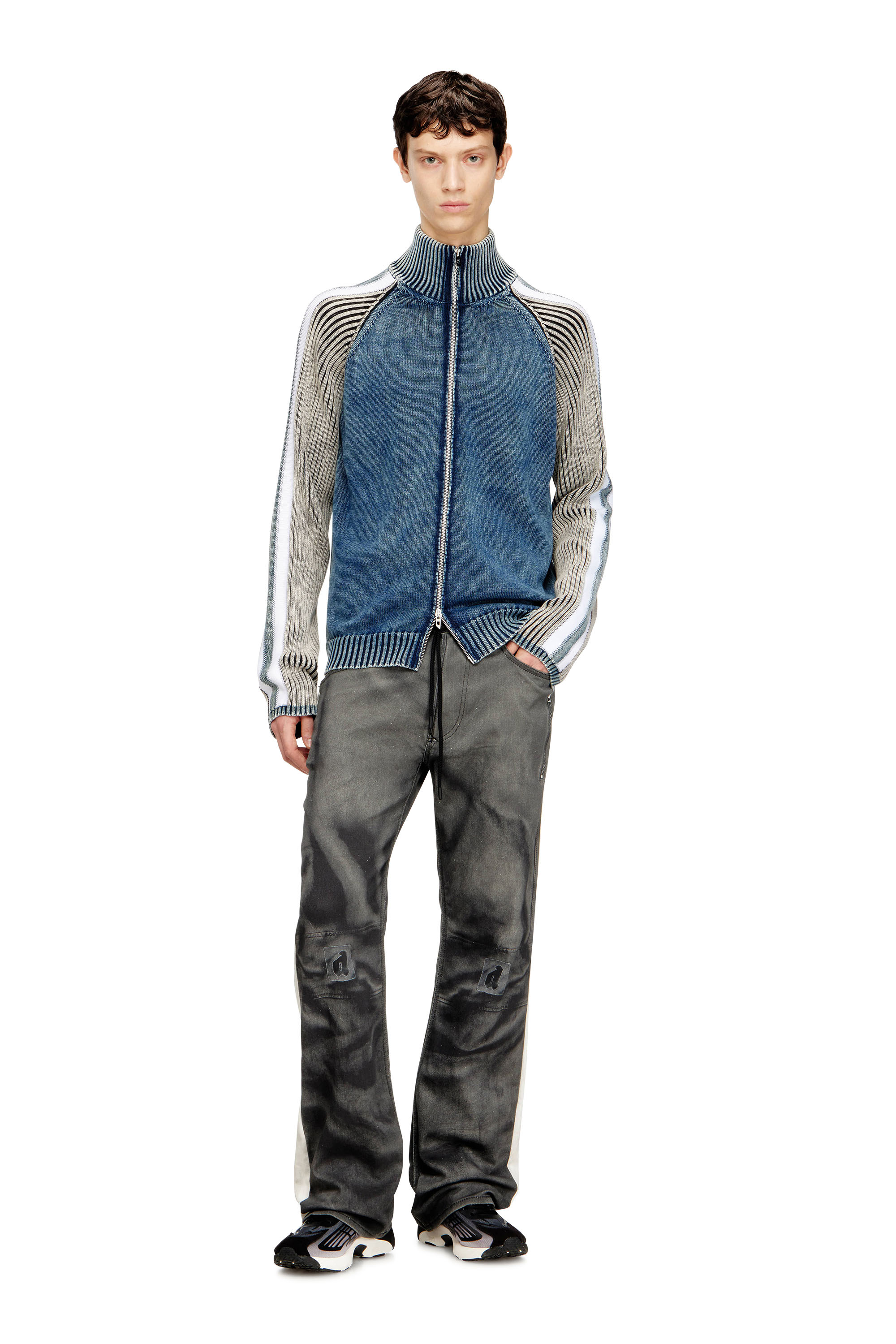 Diesel - K-HERONIMO, Man's Zip-up cardigan with sporty bands in Blue/Grey - 1