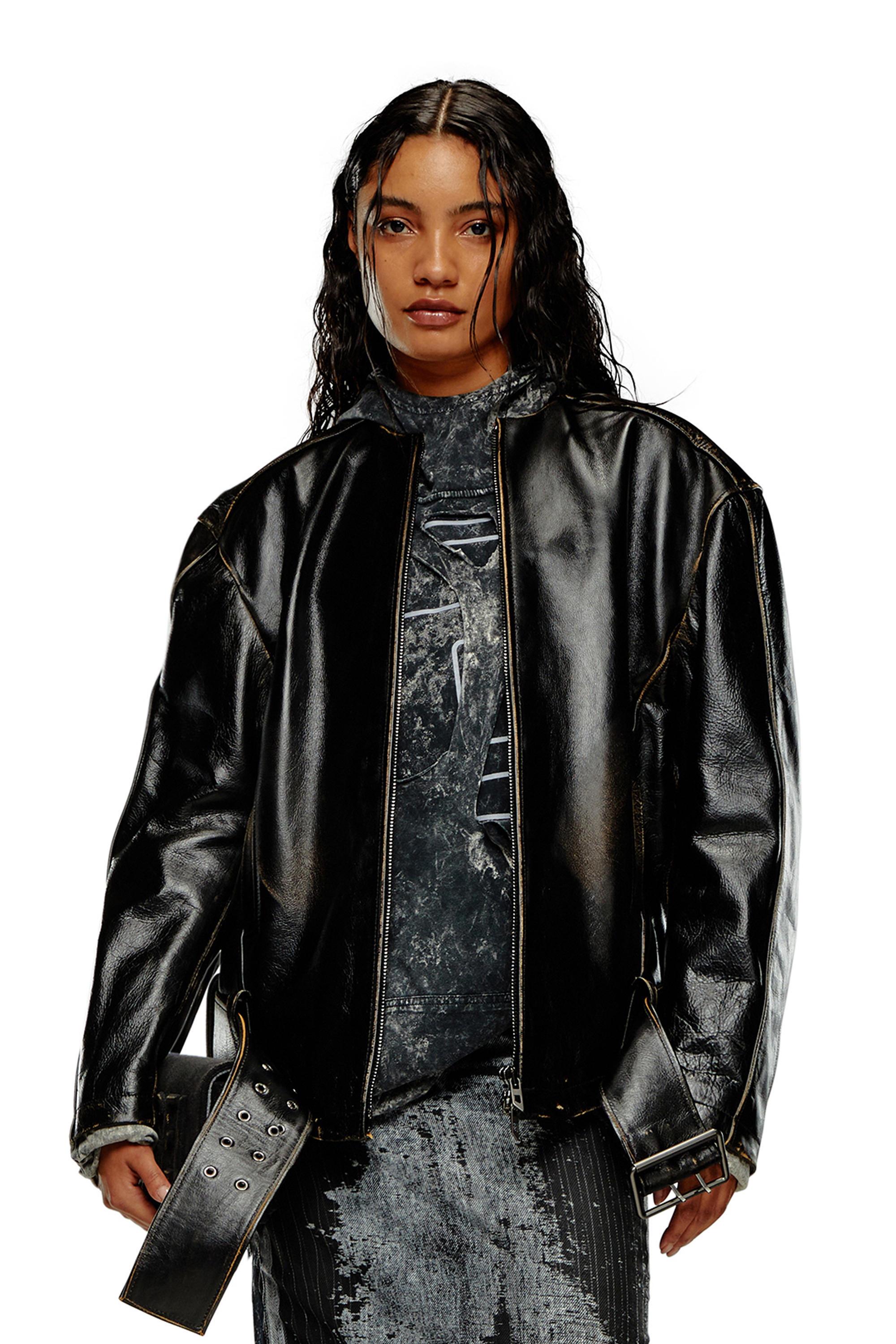 Diesel - Oversized biker jacket in brushed leather - Leather jackets - Woman - Black